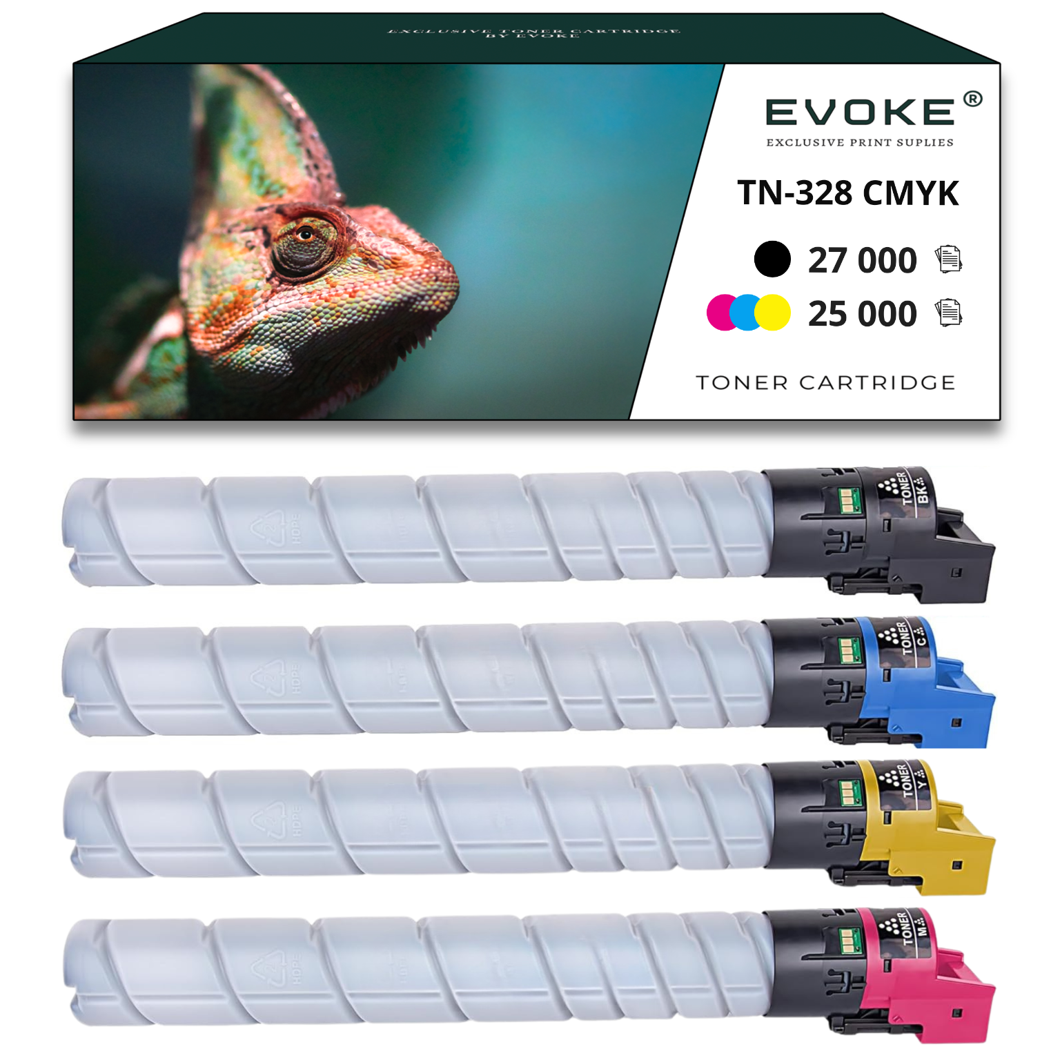 Kameleon na pudełku z tonerami. Na pudełku znajduje się nazwa marki Evoke, a model to TN-328 CMYK.