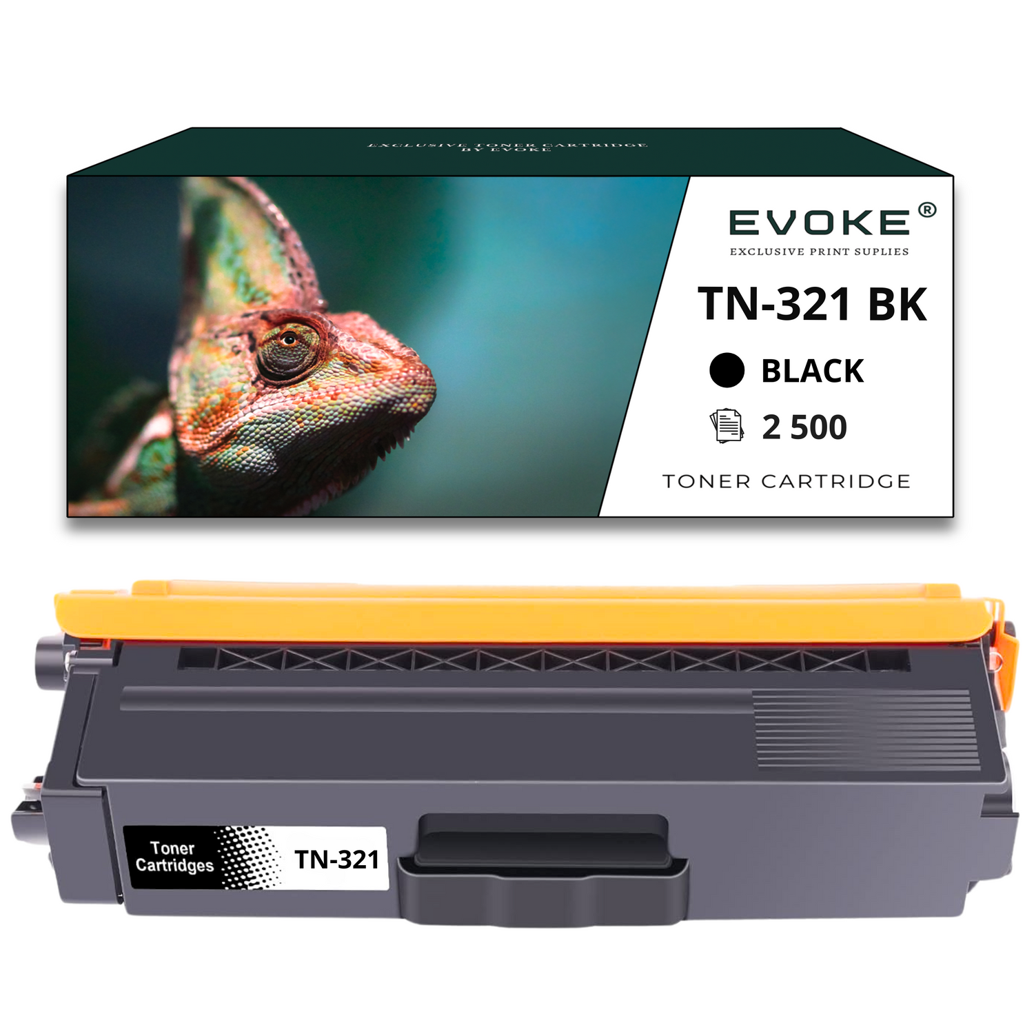 Kameleon na pudełku z napisem 'Evoke Toner Cartridge'. Poniżej znajduje się wkład do drukarki.