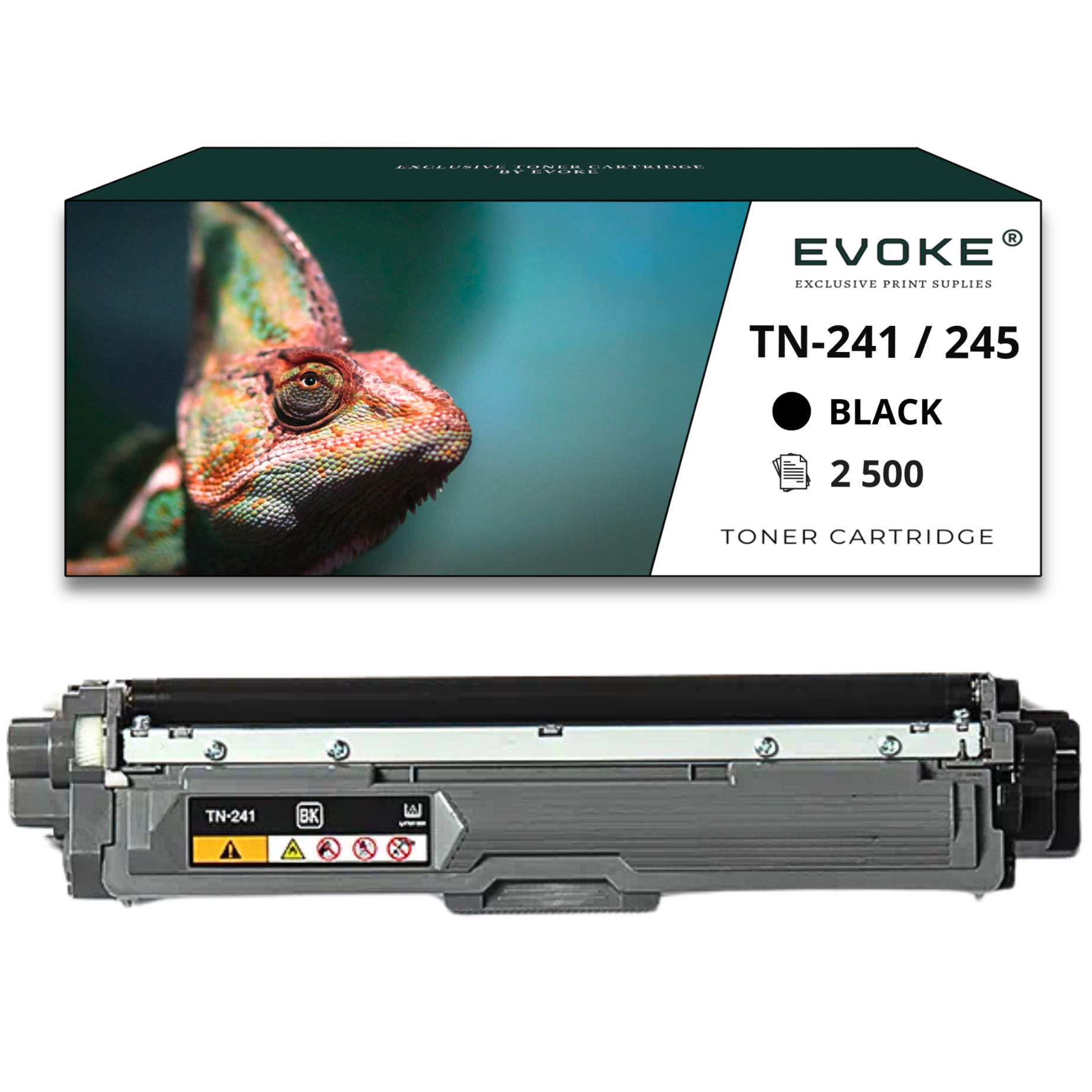 Zdjęcie przedstawia kameleona na pudełku z napisem TN-241/245 Black Toner Cartridge i wkładem do drukarki.