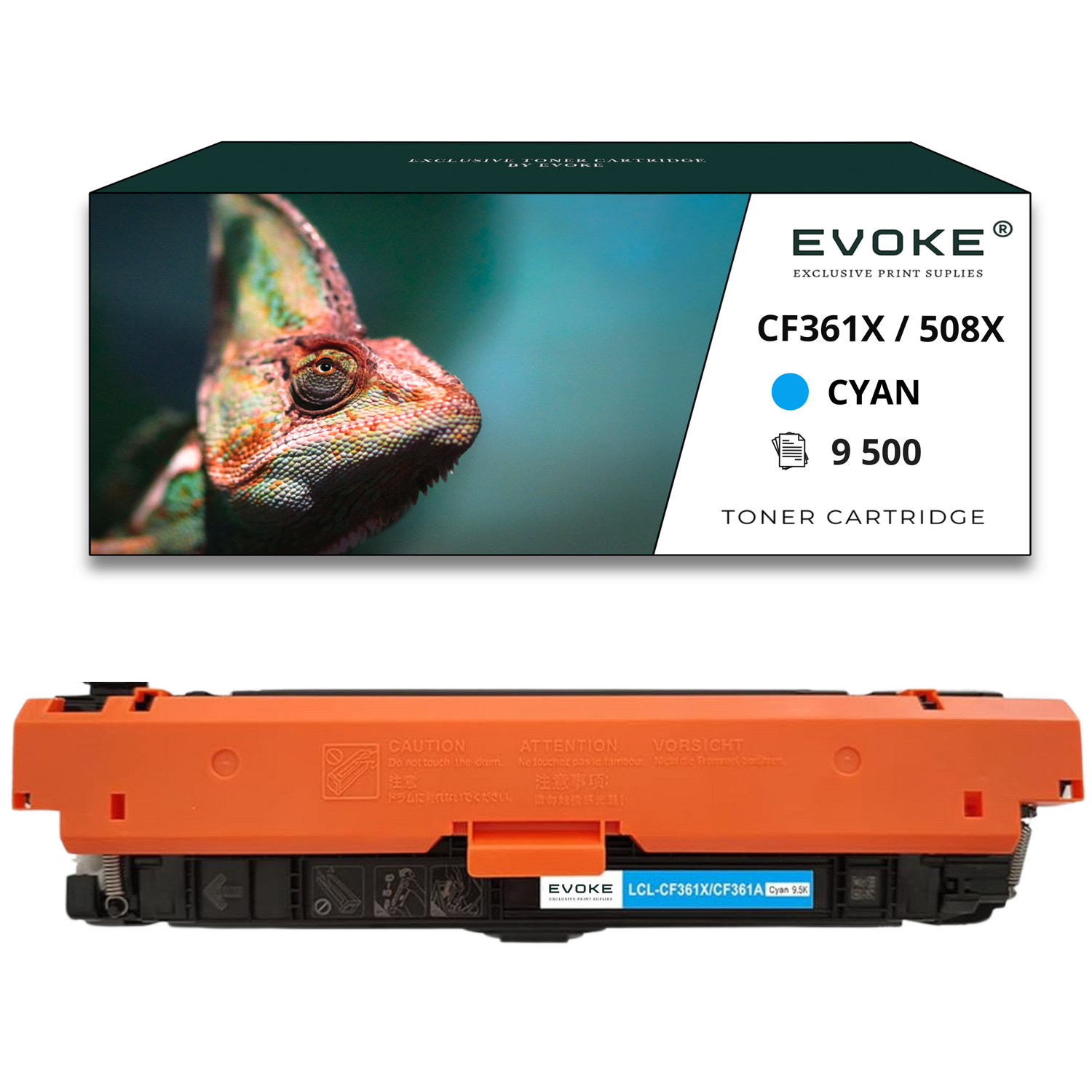 Obraz przedstawia pudełko z tonerem z kameleonem i samą kasetą. Na pudełku napis CYAN, a kaseta jest pomarańczowa.