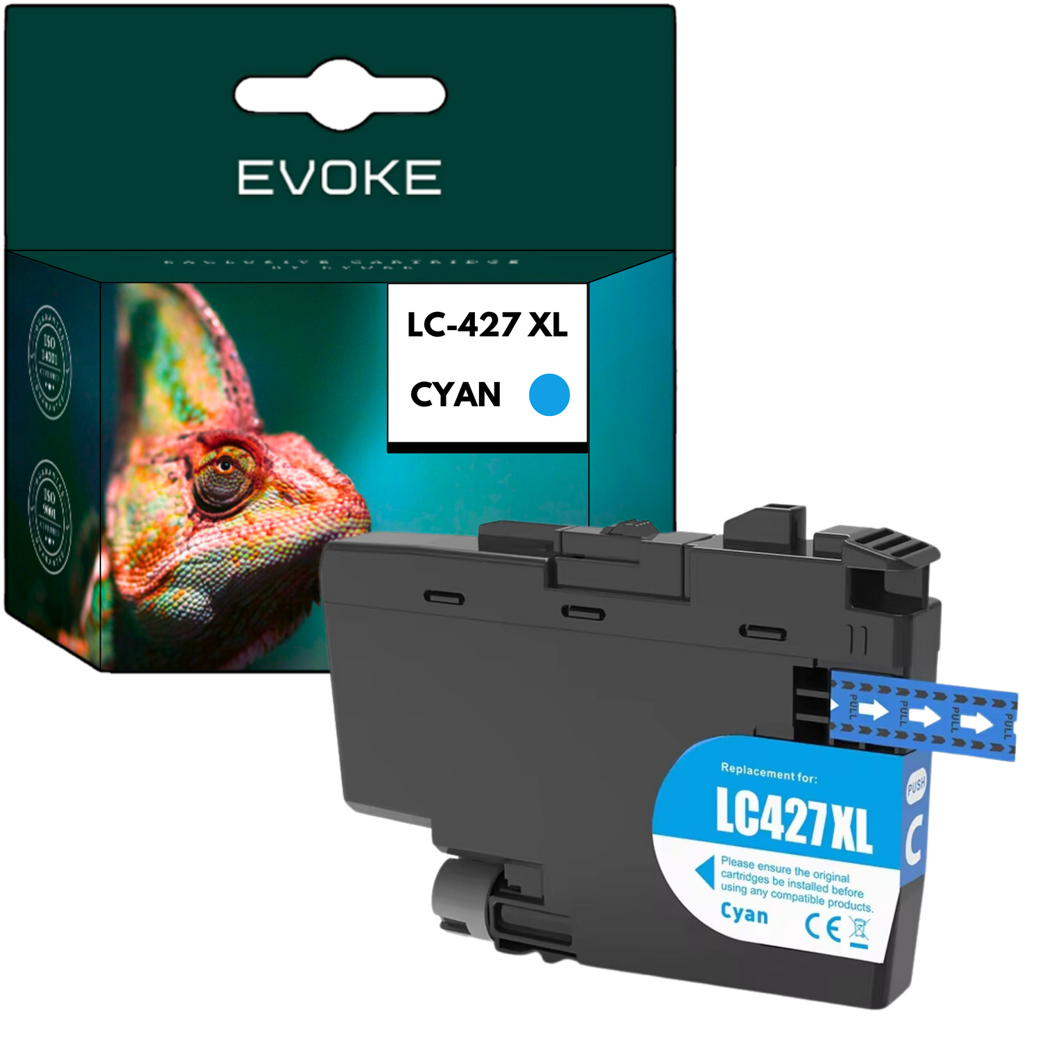 Wkład atramentowy Evoke cyan z etykietą LC-427 XL. Pudełko zawiera wizerunek kameleona. Wkład jest czarny z cyjanową etykietą.