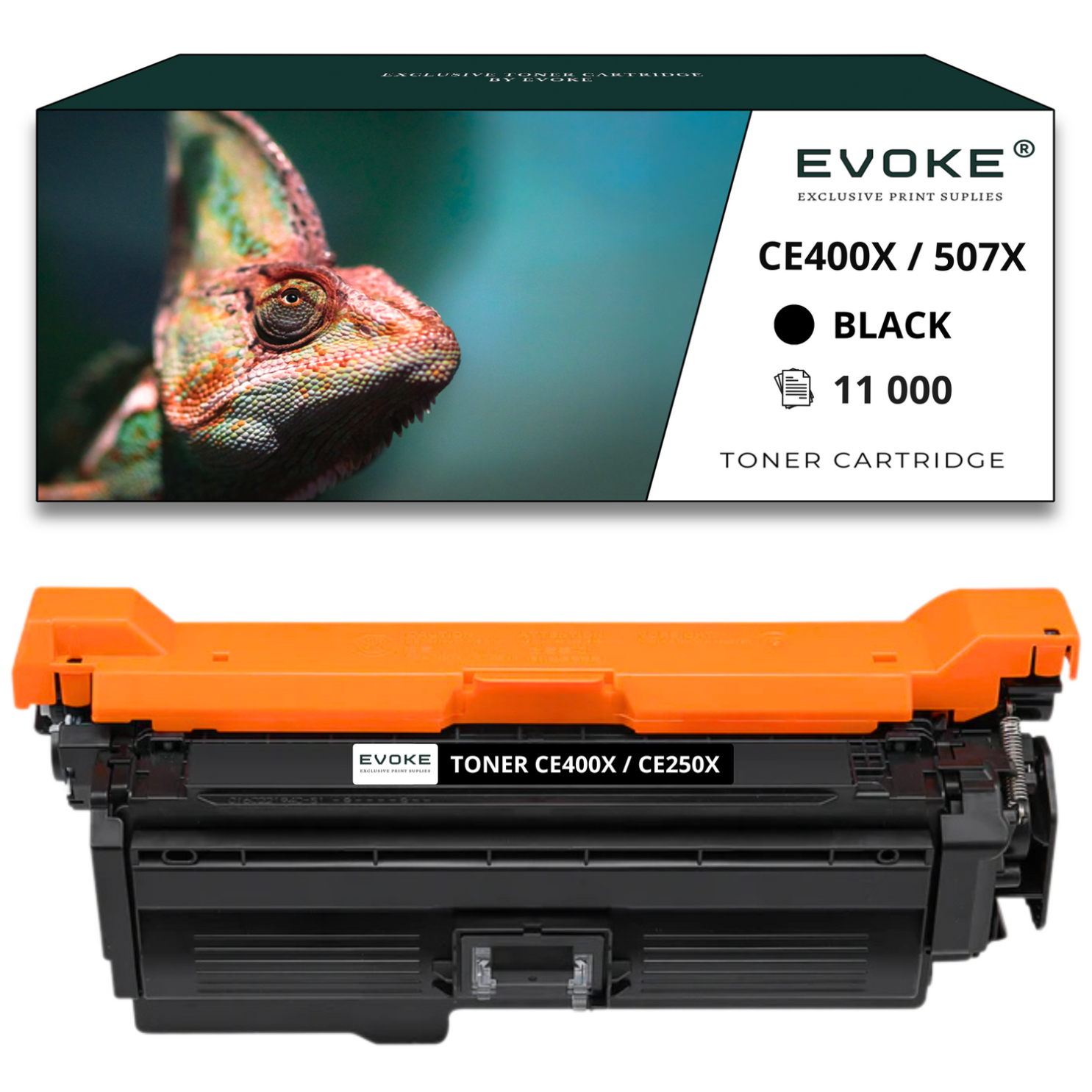 Obraz przedstawia toner z kameleonem na pudełku. Kaseta jest czarno-pomarańczowa.