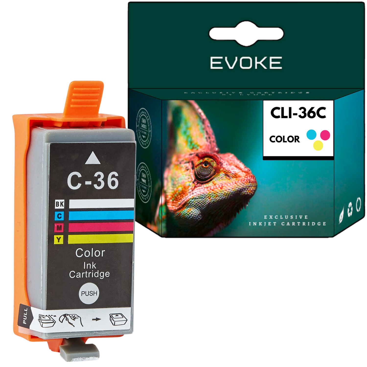 Wkład atramentowy z pomarańczową zakładką, obok pudełka ze zdjęciem kameleona, tekst: CLI-36C COLOR, EVOKE, ekskluzywny wkład atramentowy.