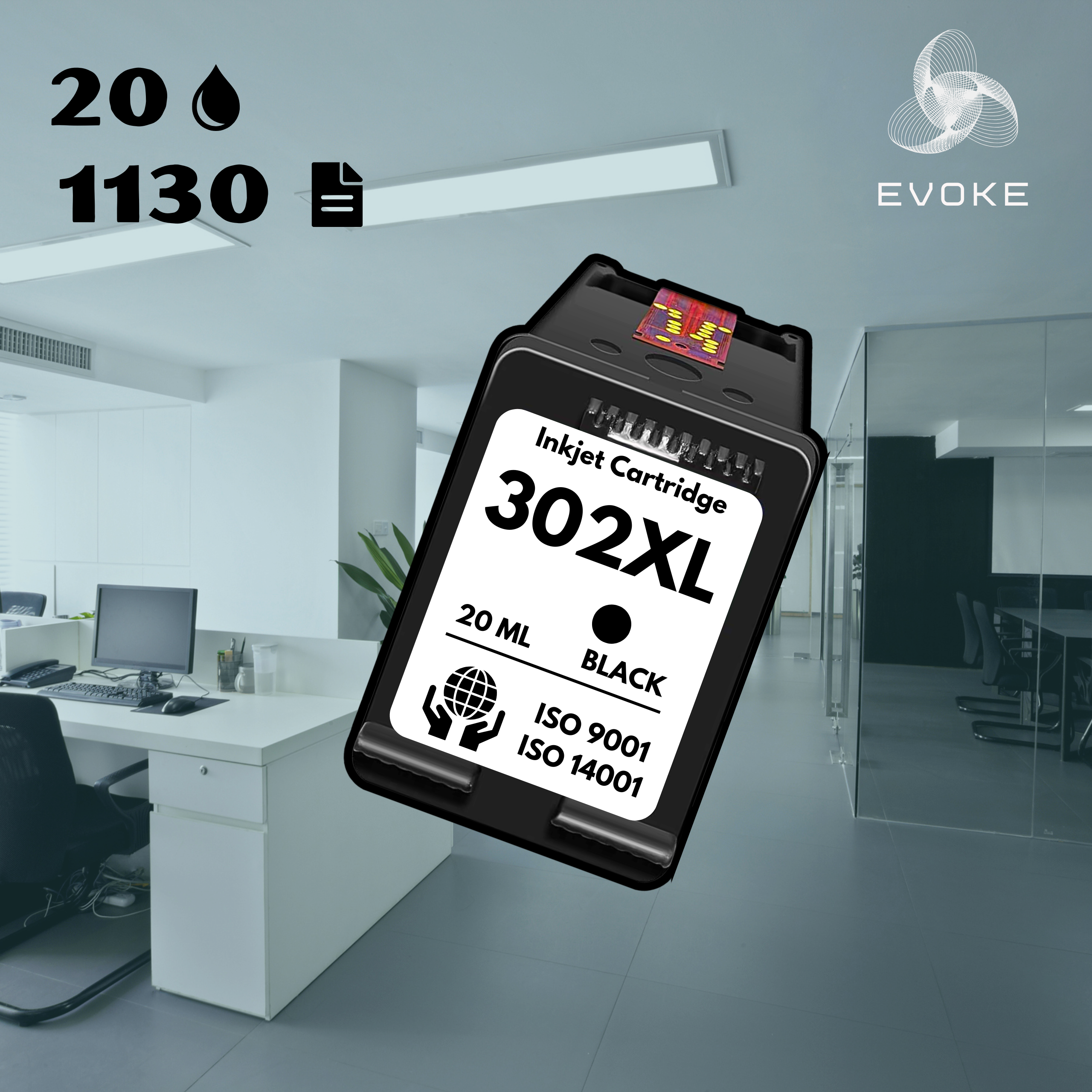 Wkład atramentowy, oznaczony 302XL, czarny tusz. Otoczenie biurowe z biurkami, logo i liczbami.