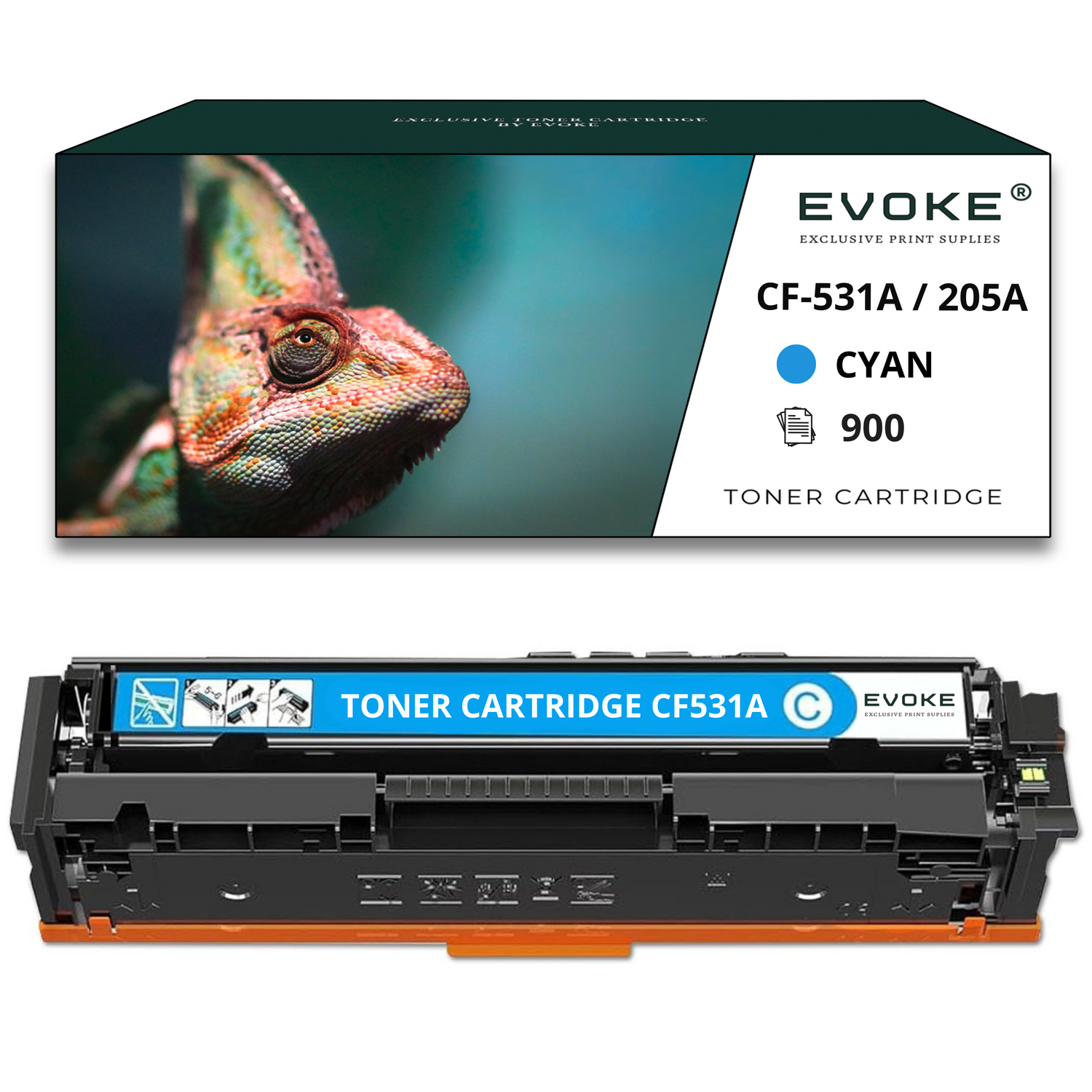 Obraz przedstawia pudełko z tonerem Evoke z wizerunkiem kameleona i wkładem. Tekst zawiera 'CYAN' i 'CF-531A/205A'.