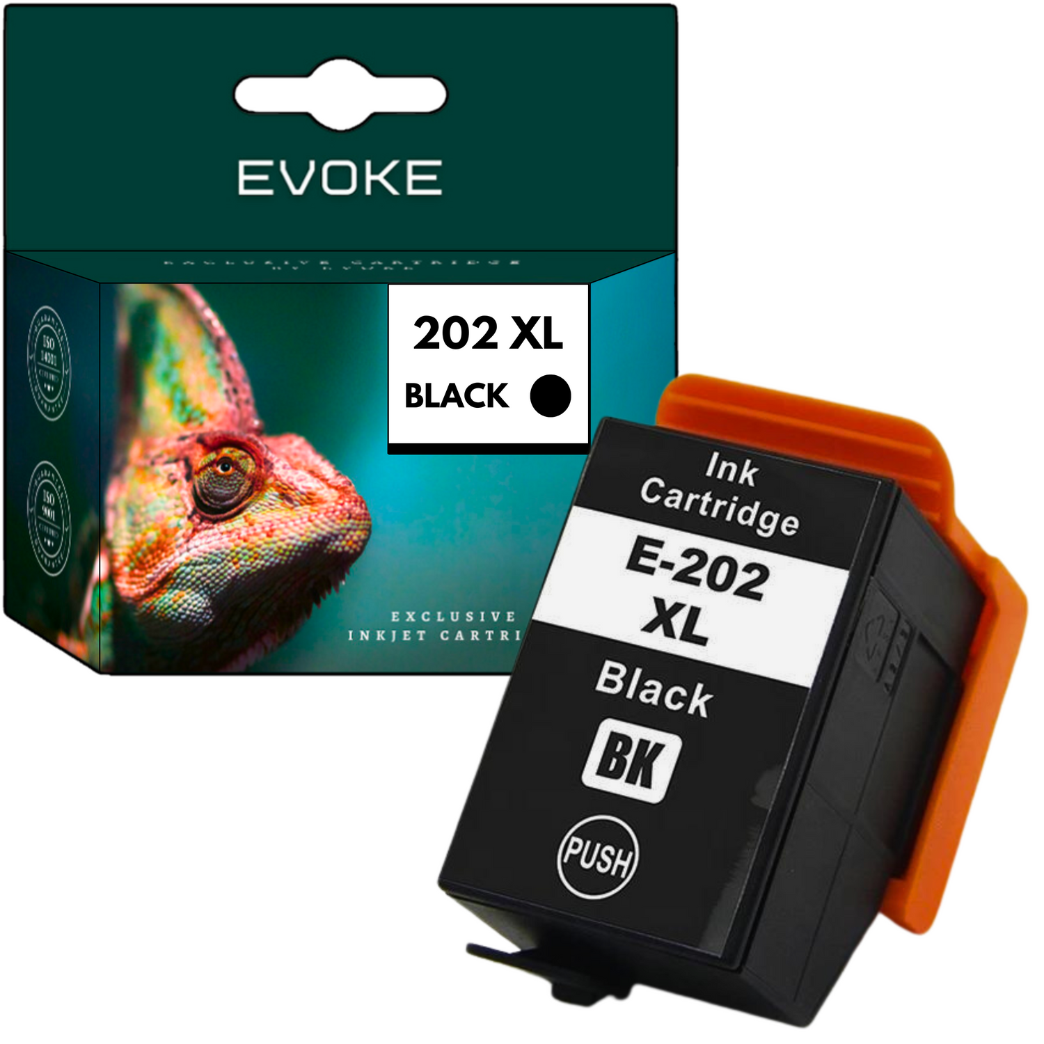 Wyświetlane jest pudełko z wkładem atramentowym i wkład. Pudełko przedstawia wizerunek kameleona. Wkład jest czarny i pomarańczowy, oznaczony E-202 XL Black.