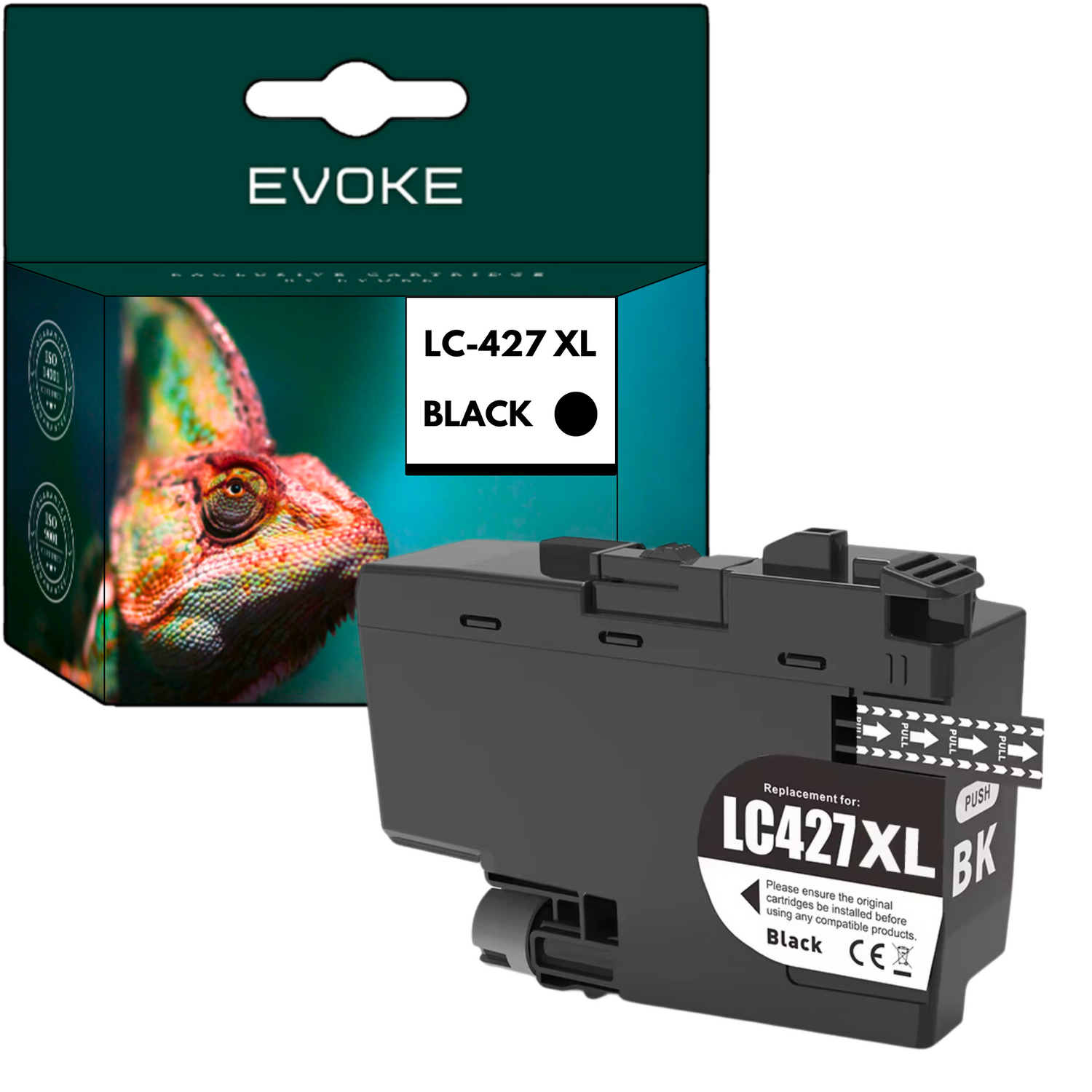 Czarne pudełko z tuszem z wizerunkiem kameleona i sam kartridż. Tekst na pudełku: LC-427 XL CZARNY, EVOKE.
