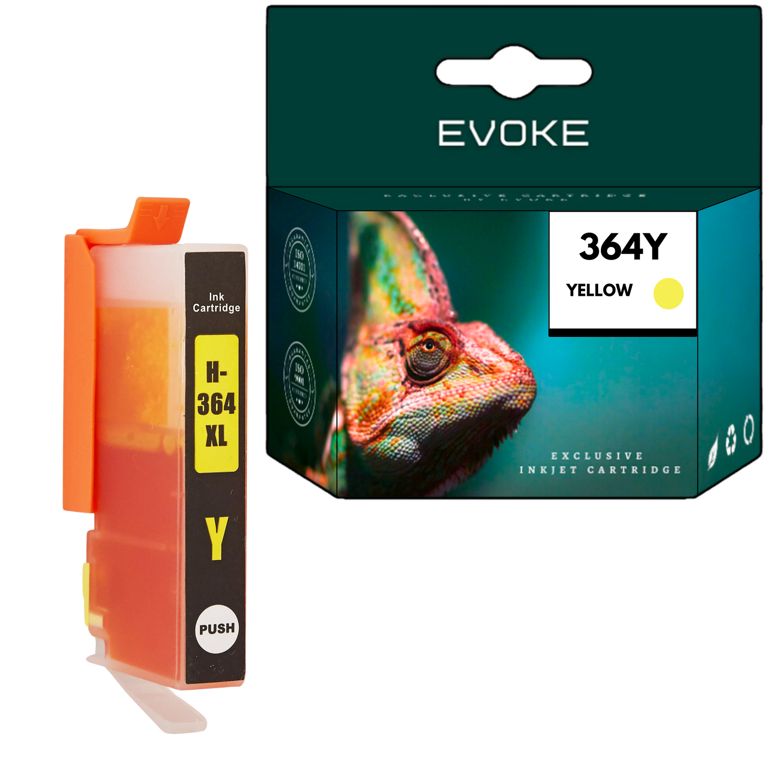 Wkład atramentowy i pudełko. Na pudełku znajduje się wizerunek kameleona z napisem "364Y ŻÓŁTY". Na wkładzie napis "H-364 XL Y".