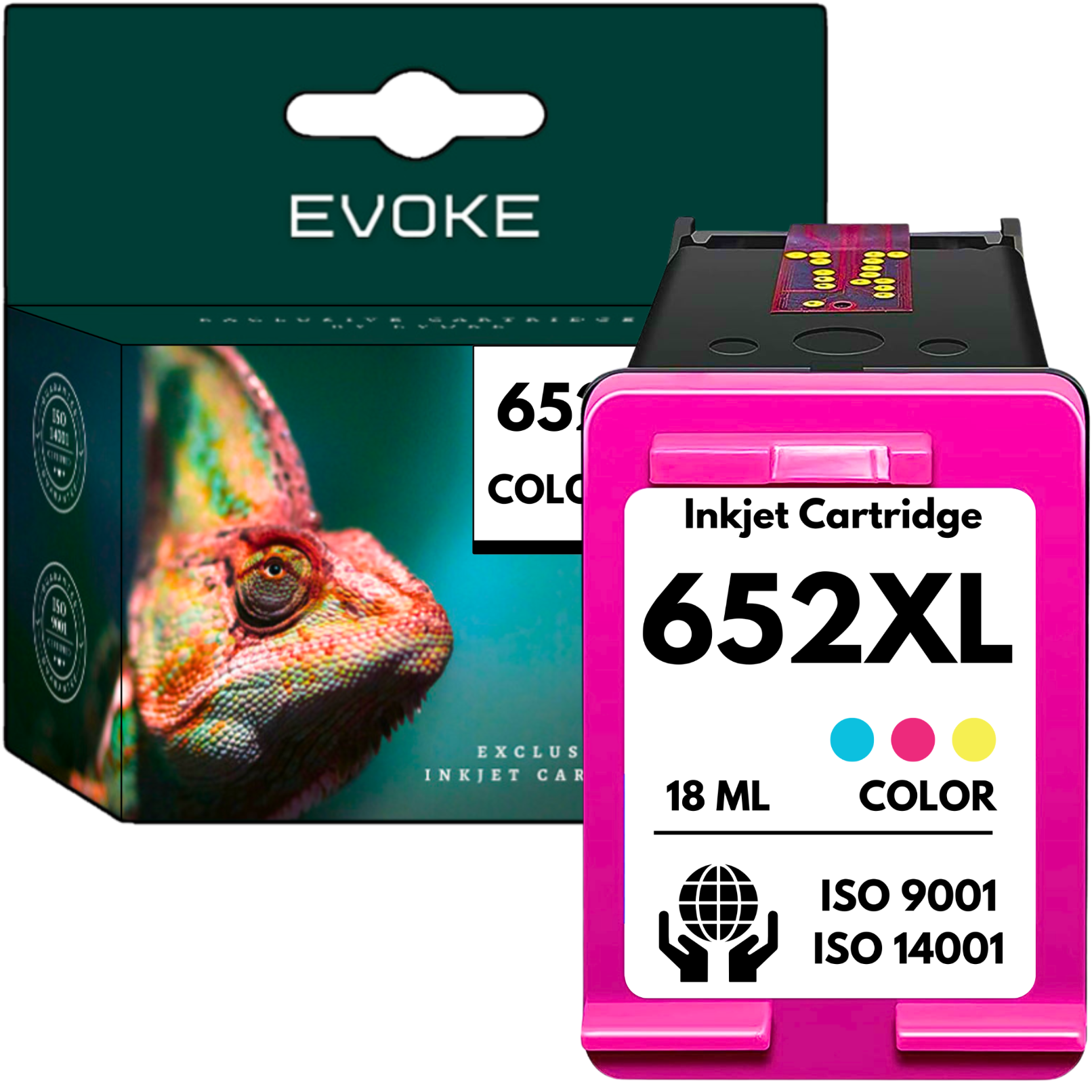 Wkład atramentowy z pudełkiem przedstawiającym kameleona. Wkład jest różowy z czarnym tekstem i wskaźnikami kolorów.