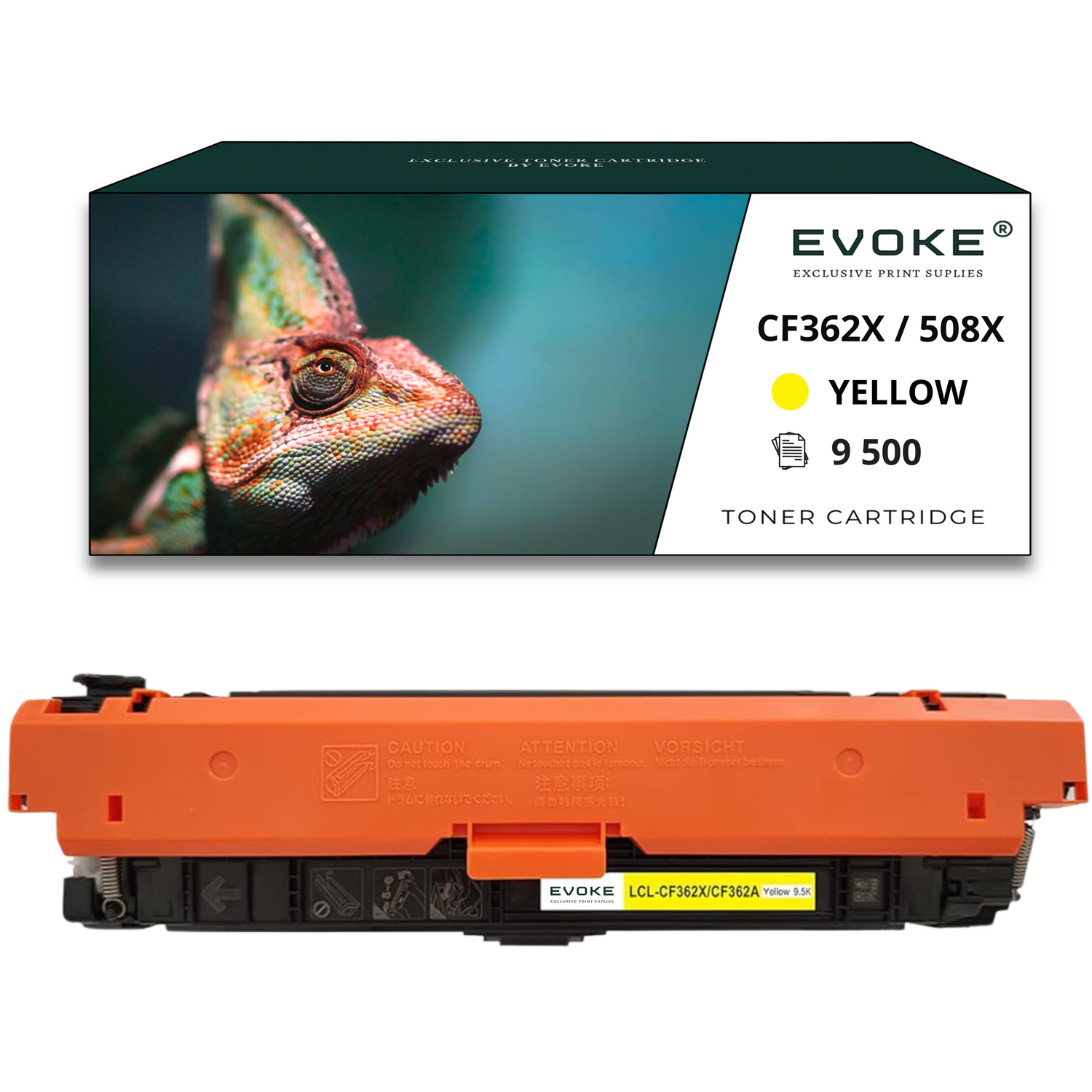 Kameleon na pudełku i wkład z tonerem. Na pudełku napis 'Żółty toner'. Wkład jest pomarańczowy i czarny.