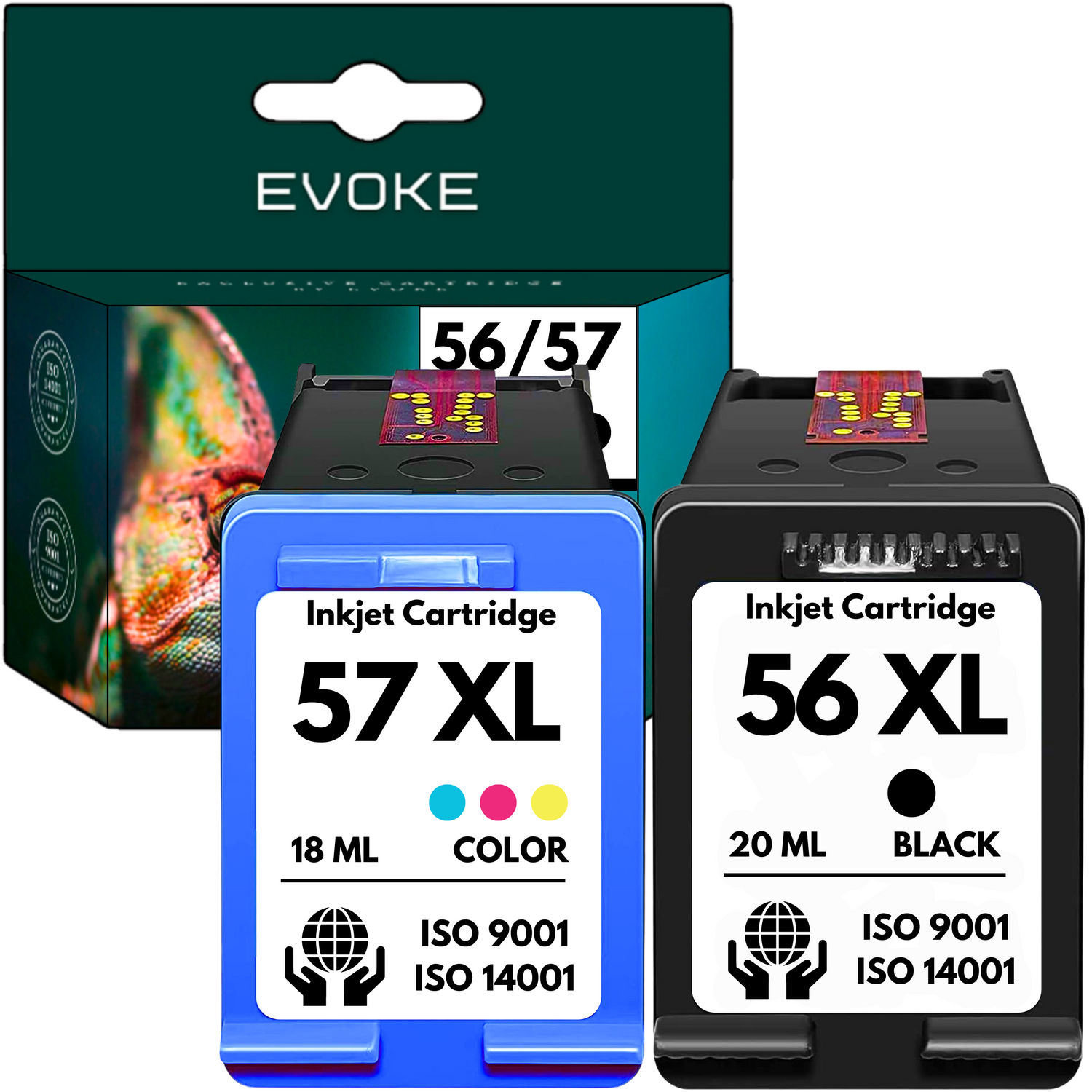 Dwa wkłady atramentowe: niebieski 57 XL kolor, czarny 56 XL czarny i zielone pudełko z napisem 'EVOKE' i '56/57'.