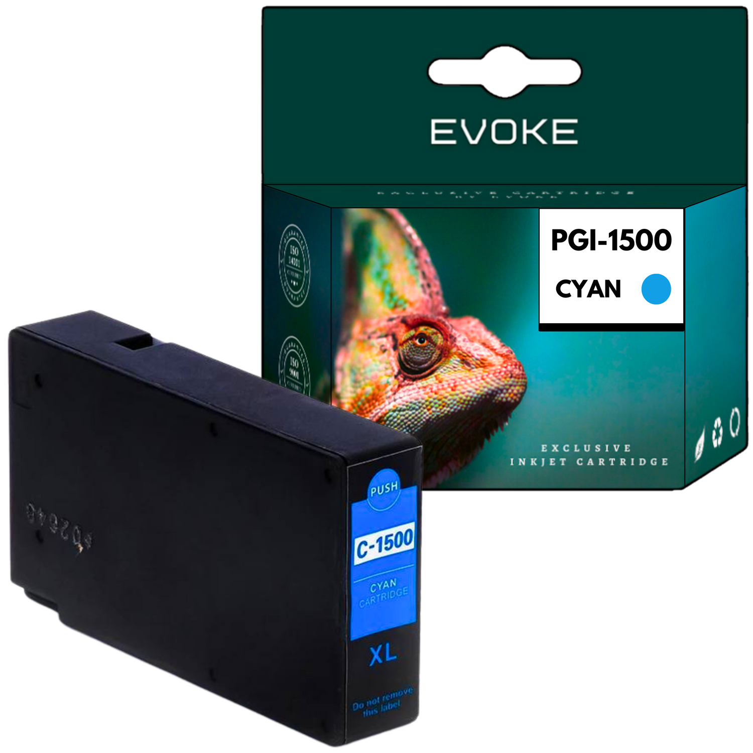 Czarny wkład atramentowy z etykietą C-1500 i turkusowe pudełko z napisem 'EVOKE' i 'PGI-1500 CYAN', z wizerunkiem kameleona.