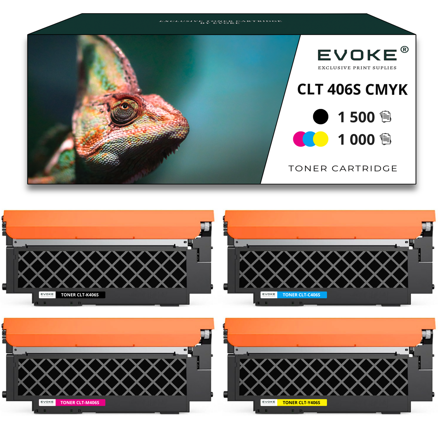Kameleon na pudełku z "EVOKE" i "CLT 406S CMYK", poniżej 4 wkłady z tonerem w kolorze pomarańczowym i czarnym.