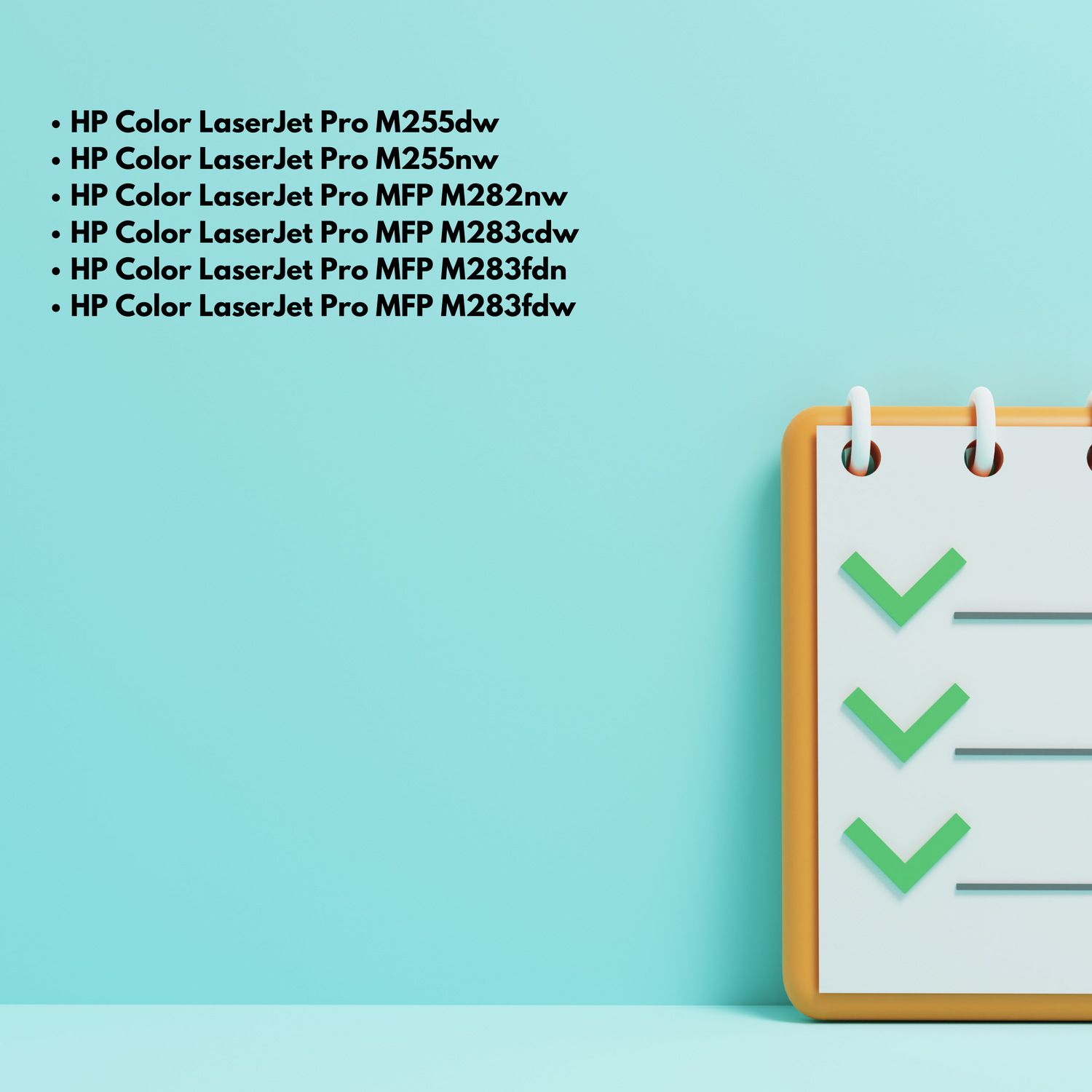 Lista z zielonymi haczykami. Po lewej nazwy produktów, w tym modele HP Color LaserJet Pro.