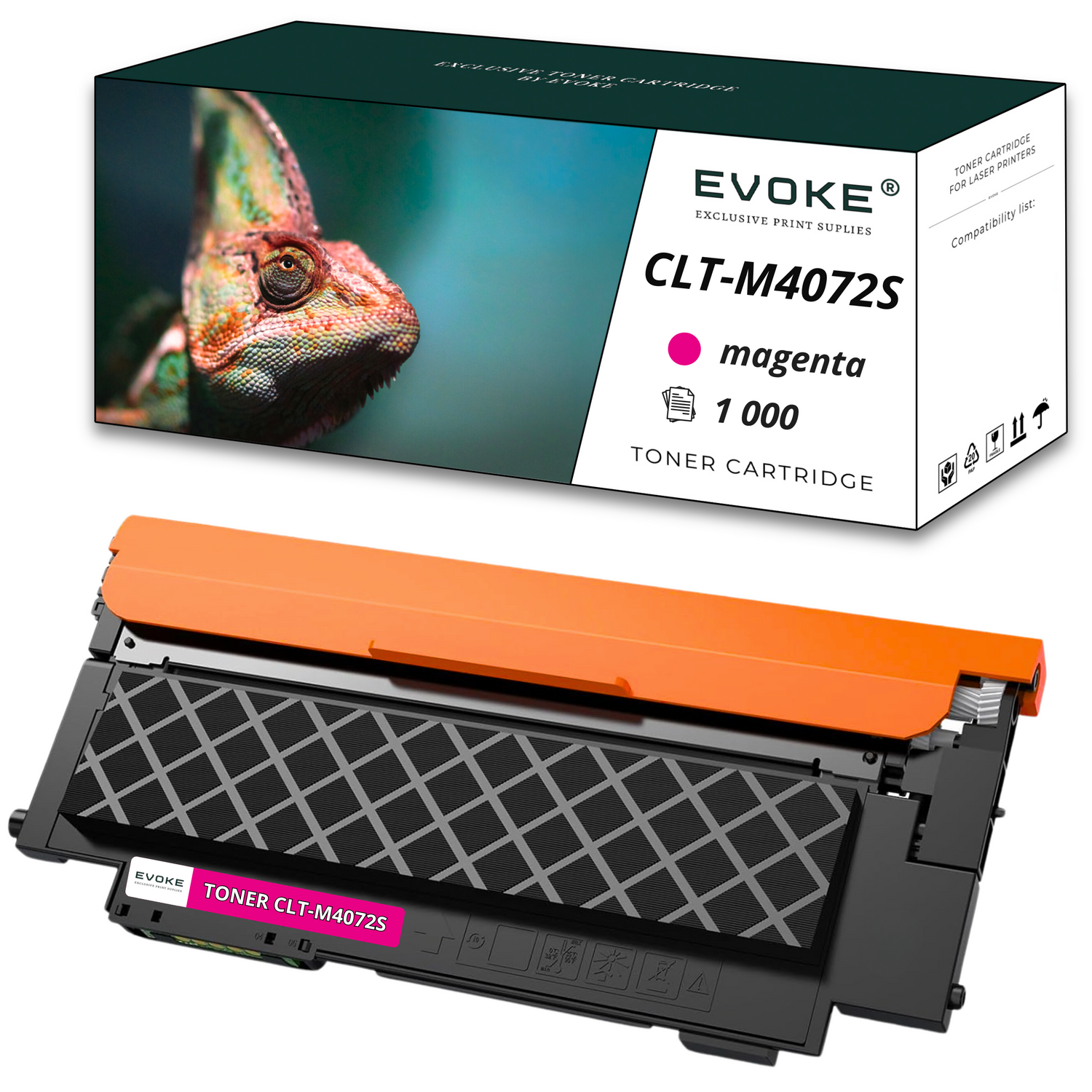 Pudełko z tonerem z wizerunkiem kameleona i magenta tonerem. Na pudełku napis 'CLT-M4072S magenta 1000' oraz 'EVOKE'.
