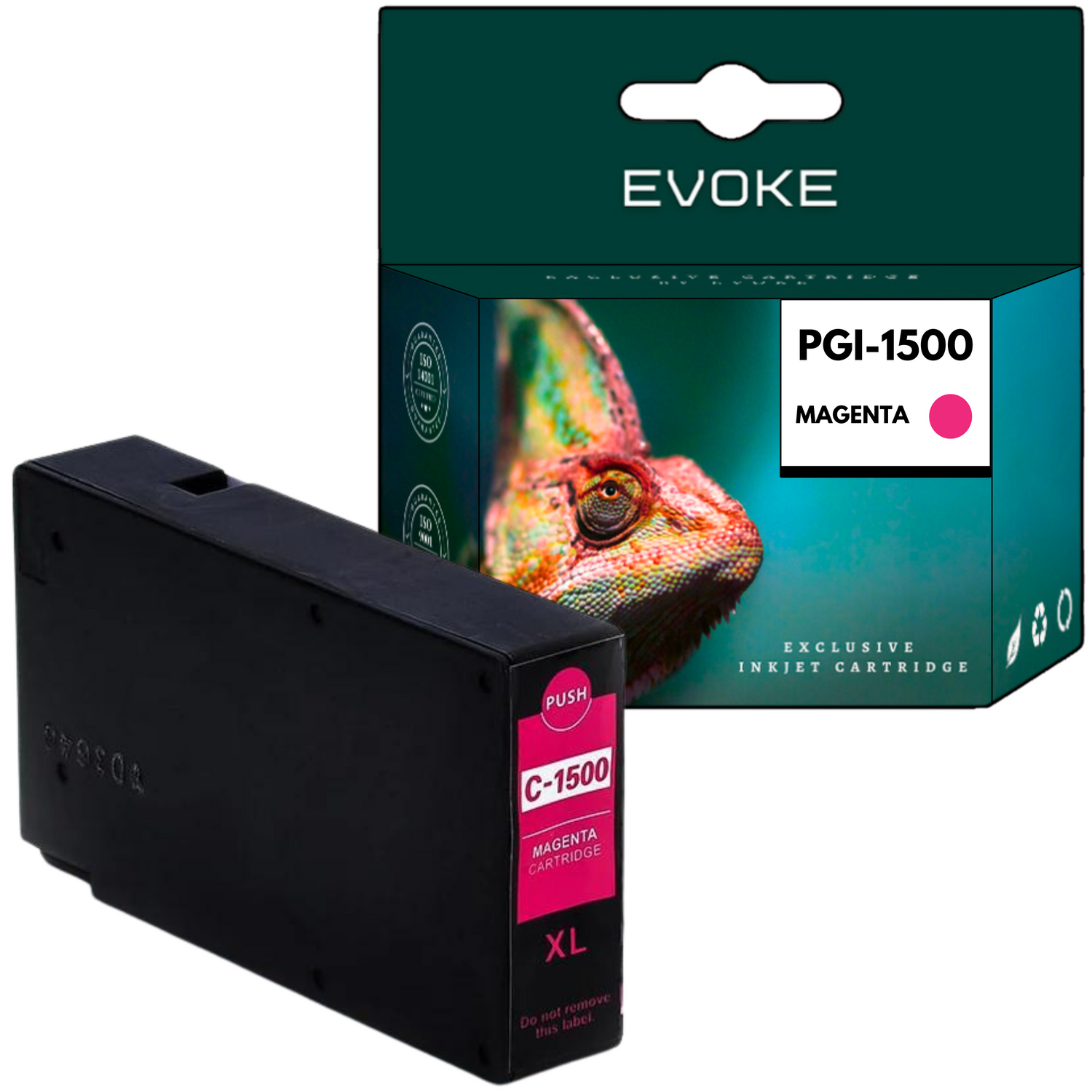 Czarny wkład atramentowy z etykietą C-1500 i pudełko z etykietą PGI-1500 Magenta. Pudełko ma zdjęcie kameleona.