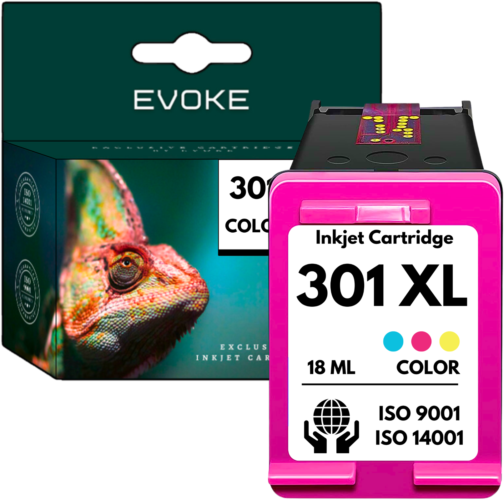 Pudełko z wkładami atramentowymi Evoke ze zdjęciem kameleona obok różowego wkładu 301 XL. Jest napisane 18 ml, kolor, ISO 9001 i 14001.