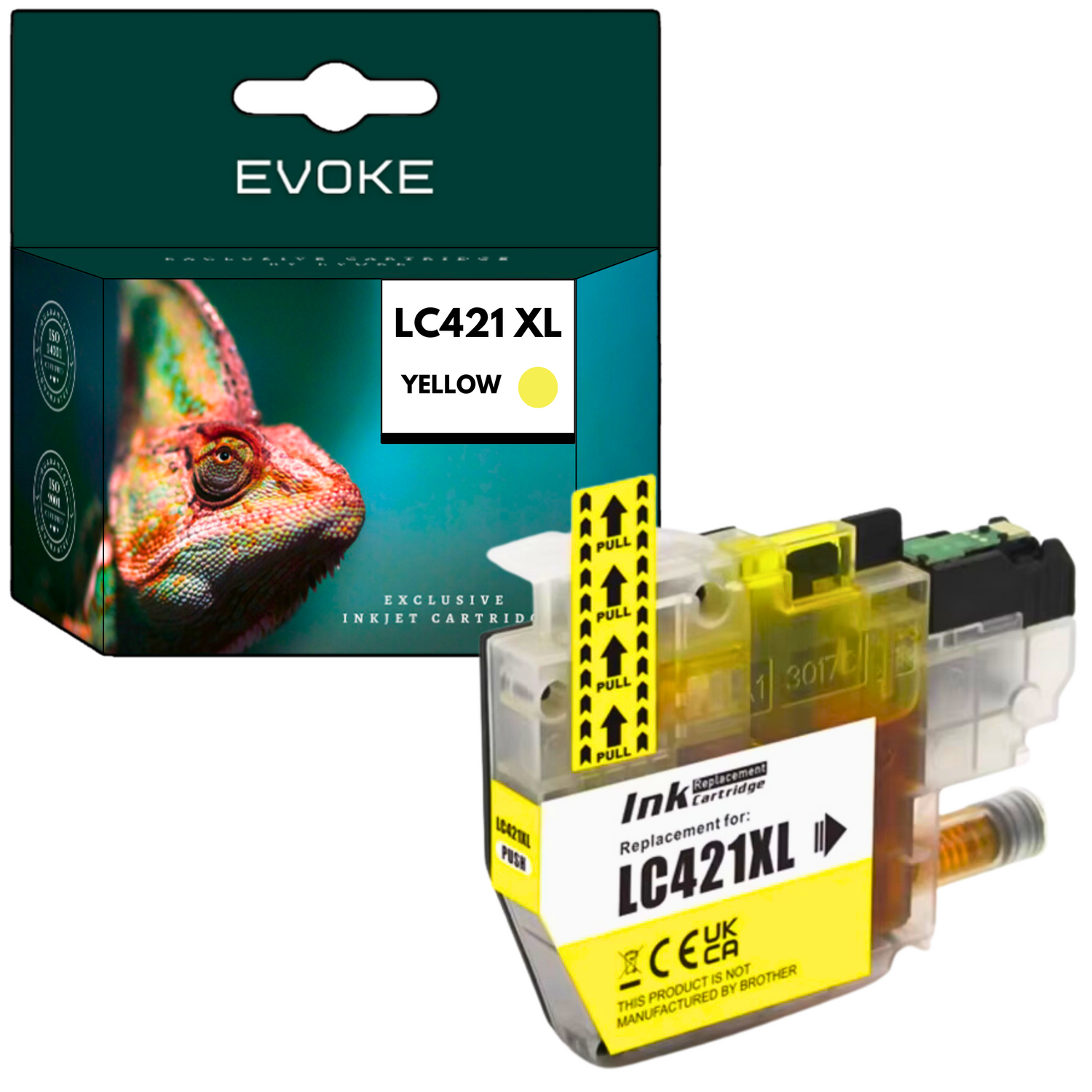 Kameleon na pudełku i żółty wkład atramentowy. Wkład jest oznaczony LC421XL i ma zakładkę do pociągnięcia. Na pudełku napisano EVOKE.