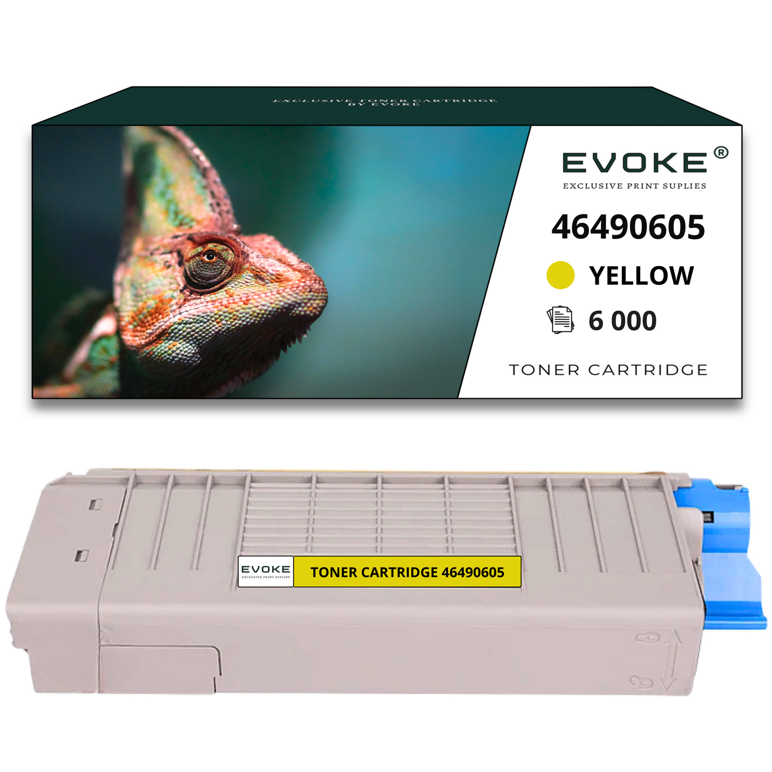 Obraz przedstawia pudełko z tonerem z kameleonem i samą kasetą. Tekst wskazuje na żółty toner.