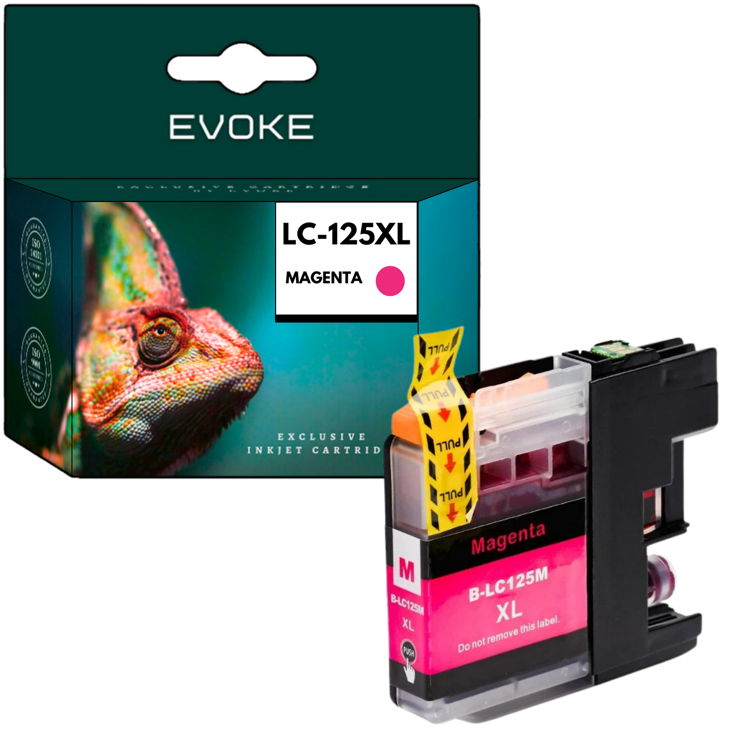 Pudełko ze zdjęciem kameleona i magenta wkładem atramentowym z etykietą LC-125XL. Oba na białym tle.