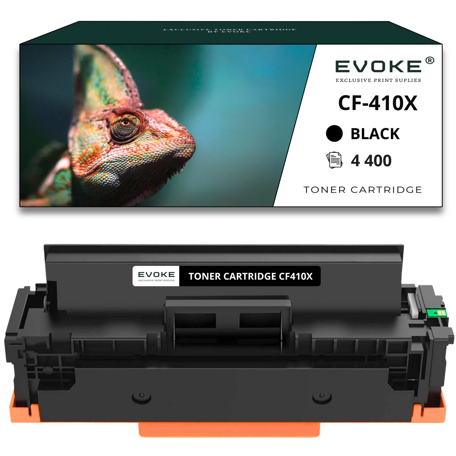 Kameleon na pudełku z "EVOKE" i "CF-410X BLACK 4 400 TONER CARTRIDGE". Poniżej czarny wkład z tonerem.