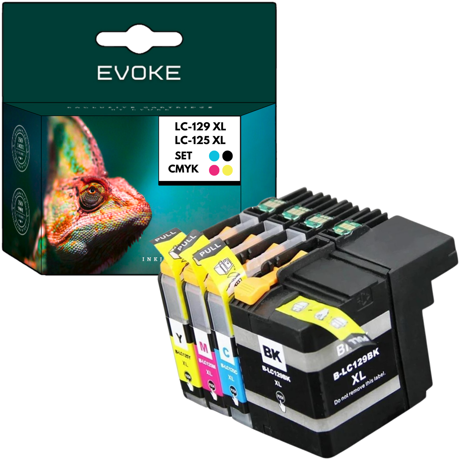 Zestaw wkładów atramentowych do drukarki. Pudełko ze zdjęciem kameleona i wkładami. Wkłady są czarne, żółte, magenta i cyjan.