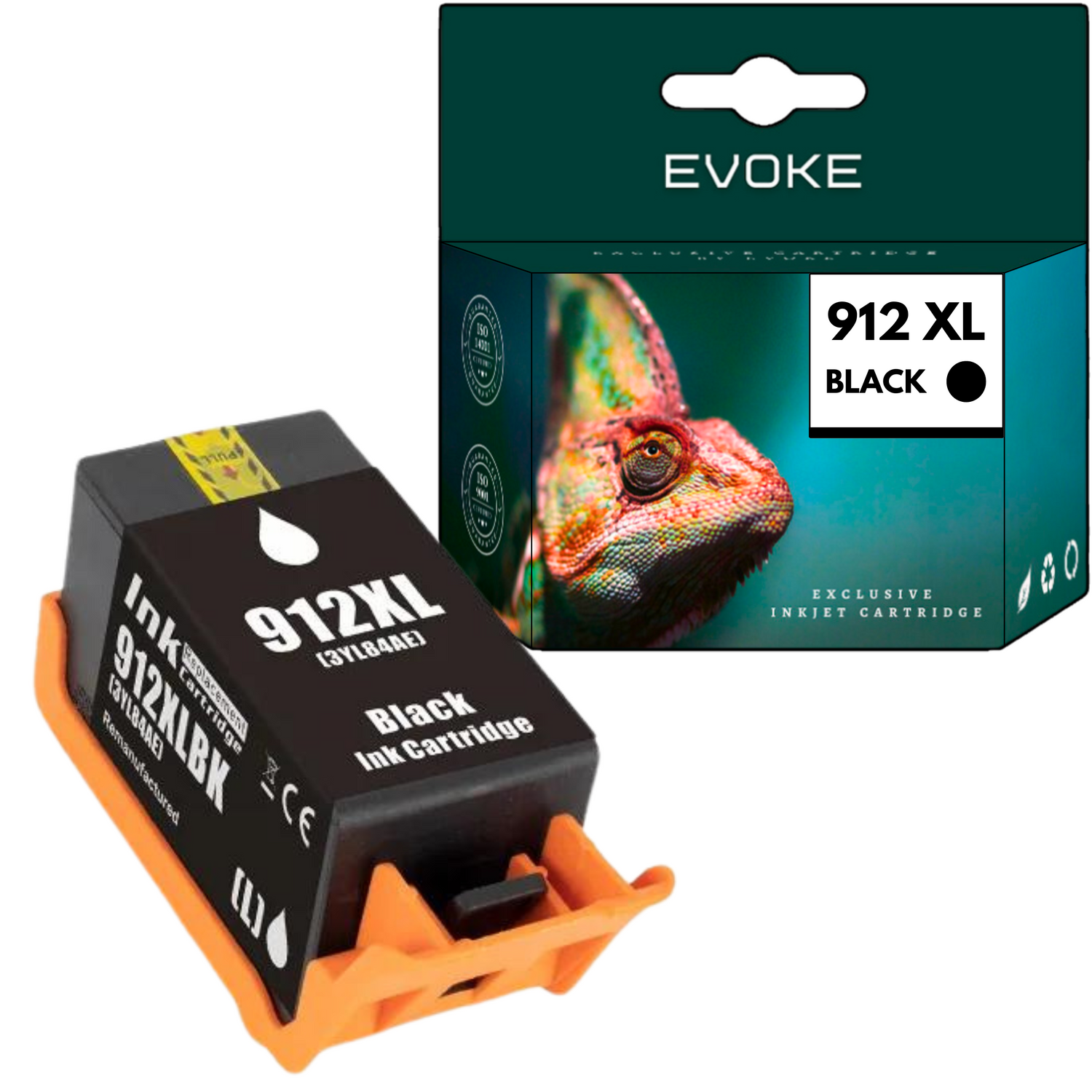 Wkład atramentowy i pudełko. Na pudełku zdjęcie kameleona. Wkład jest czarny i pomarańczowy. Tekst: 912 XL Black Ink Cartridge.