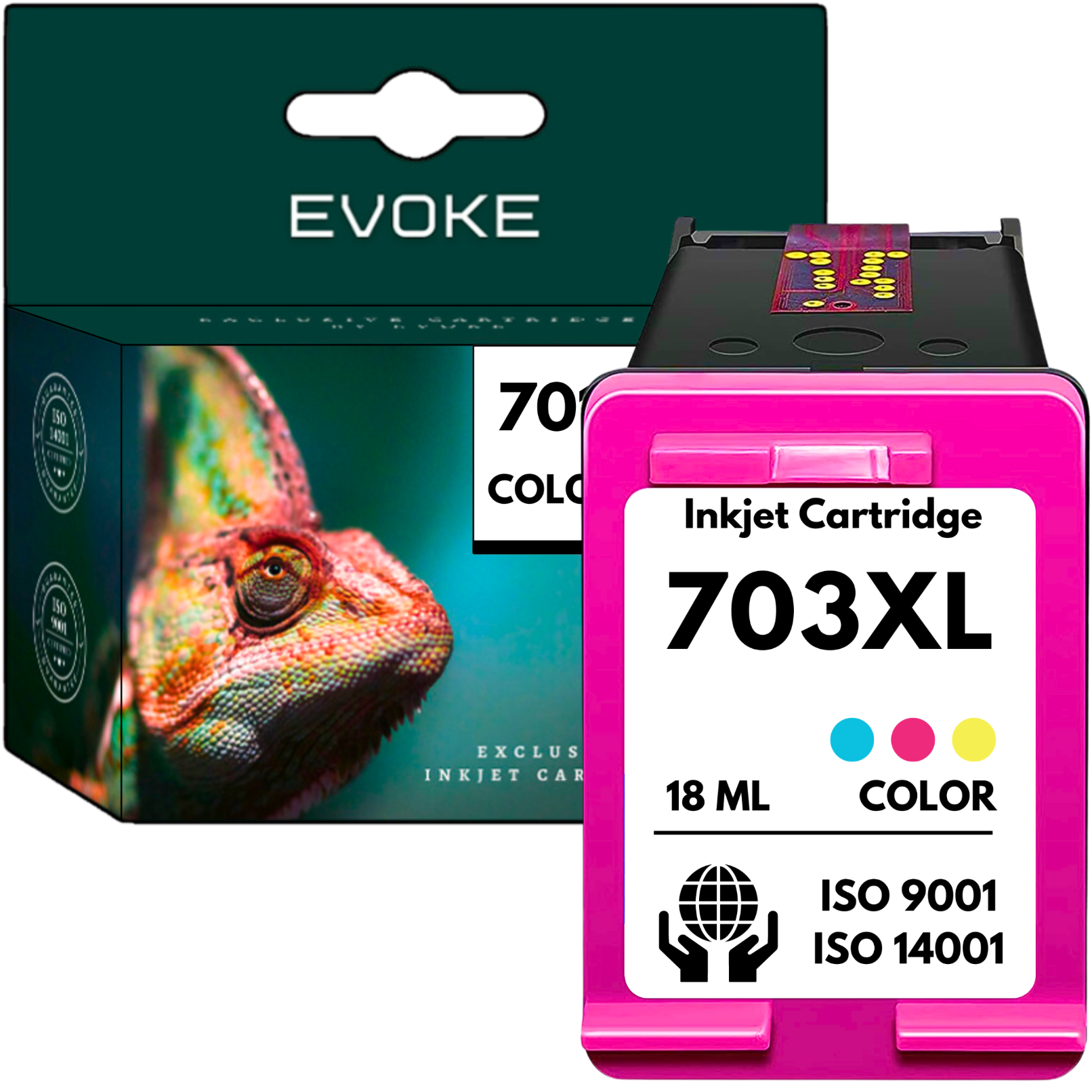 Pudełko z wkładem atramentowym ze zdjęciem kameleona i różowym wkładem oznaczonym 703XL, 18ml, kolor.