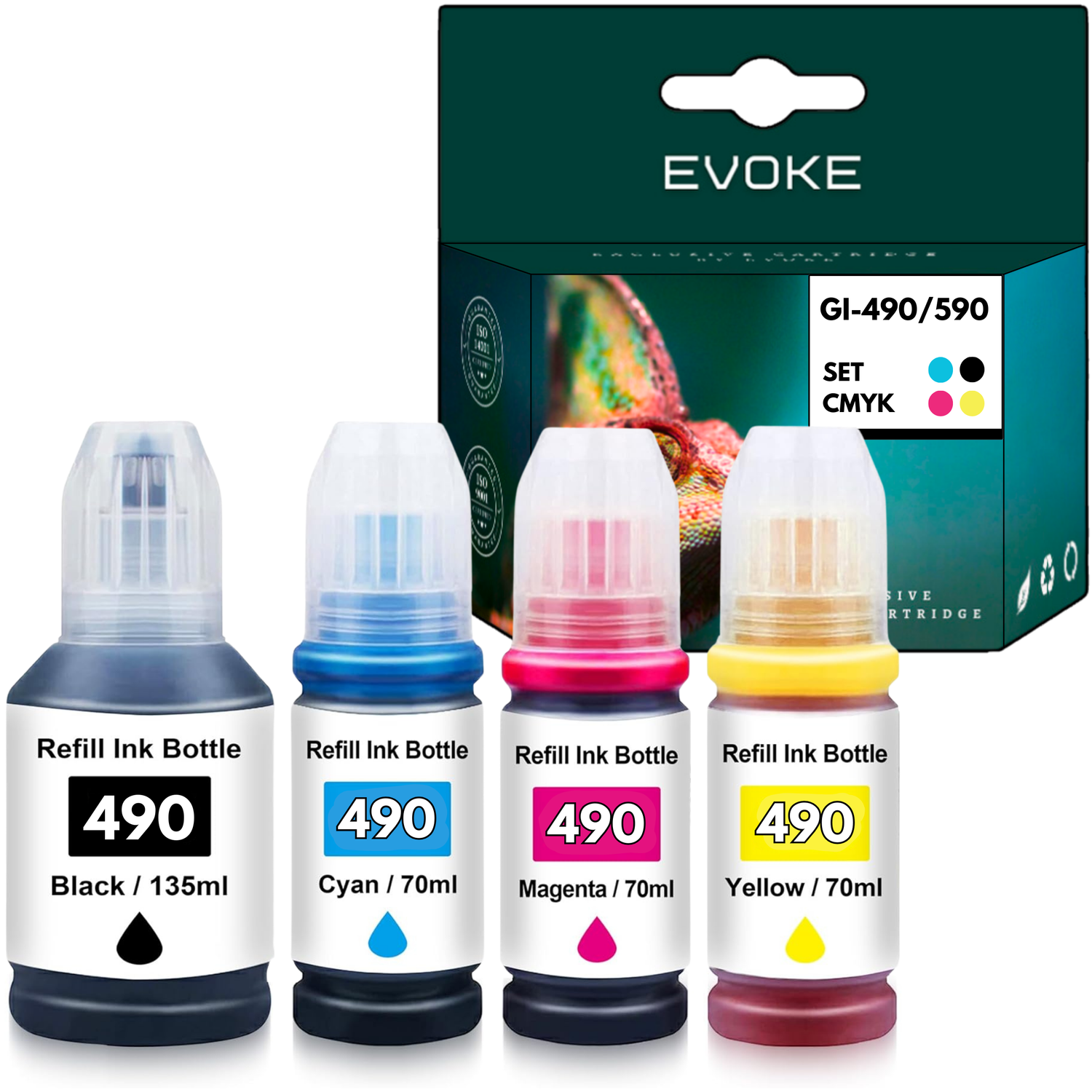 Cztery butelki z czarnym, cyjanowym, purpurowym i żółtym tuszem oraz pudełko z napisem EVOKE i GI-490/590, kolory CMYK.