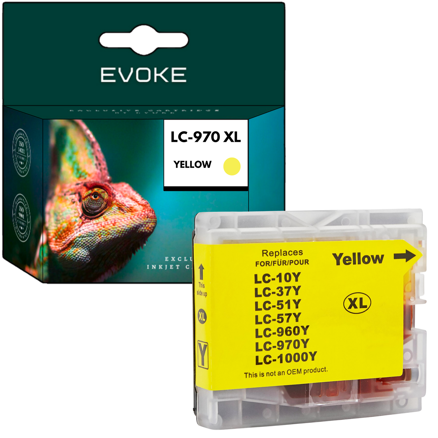 Obraz przedstawia pudełko z wkładem atramentowym Evoke z kameleonem. Widoczny jest również żółty wkład atramentowy. Tekst brzmi: LC-970 XL, Żółty.