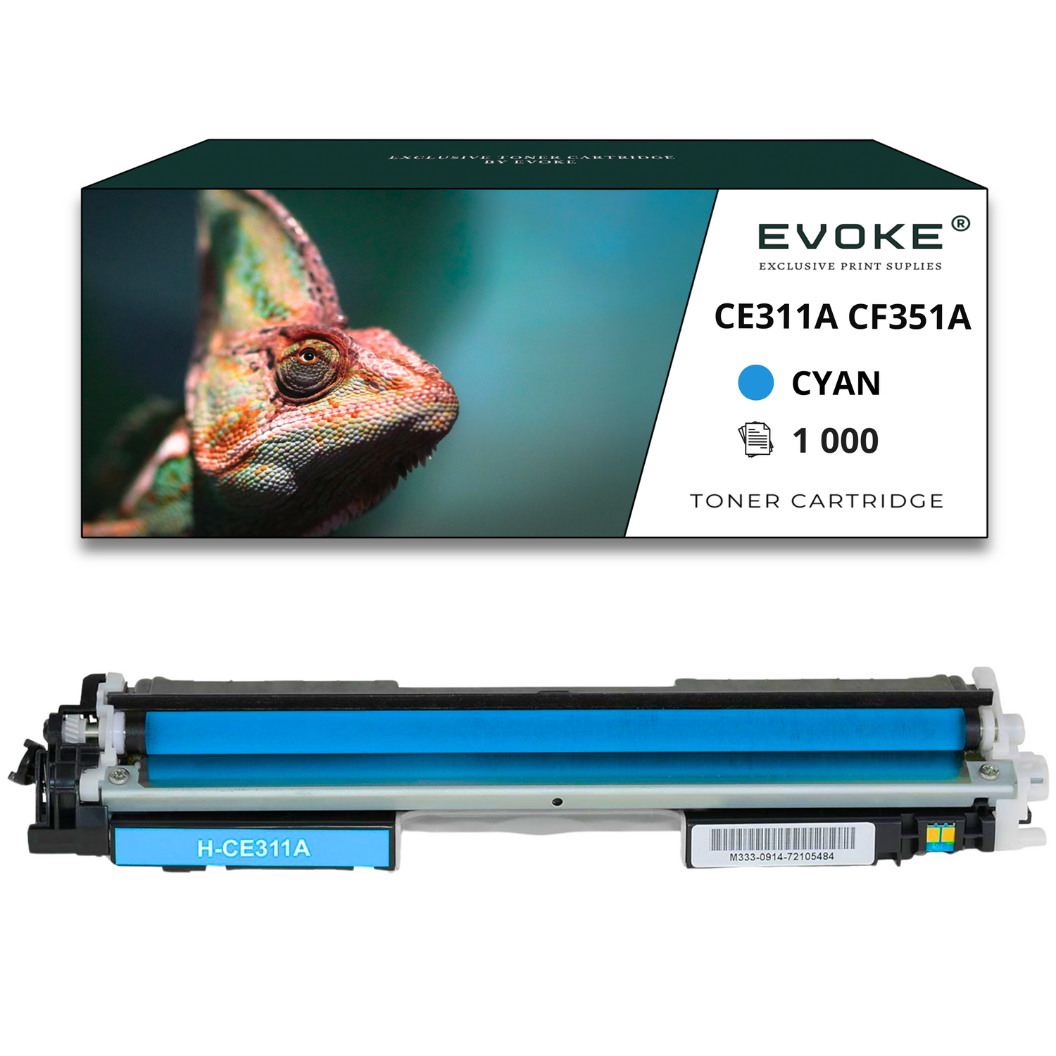 Kameleon na pudełku z napisem 'CE311A CF351A CYAN 1 000 Toner Cartridge' i niebieski wkład z tonerem poniżej.