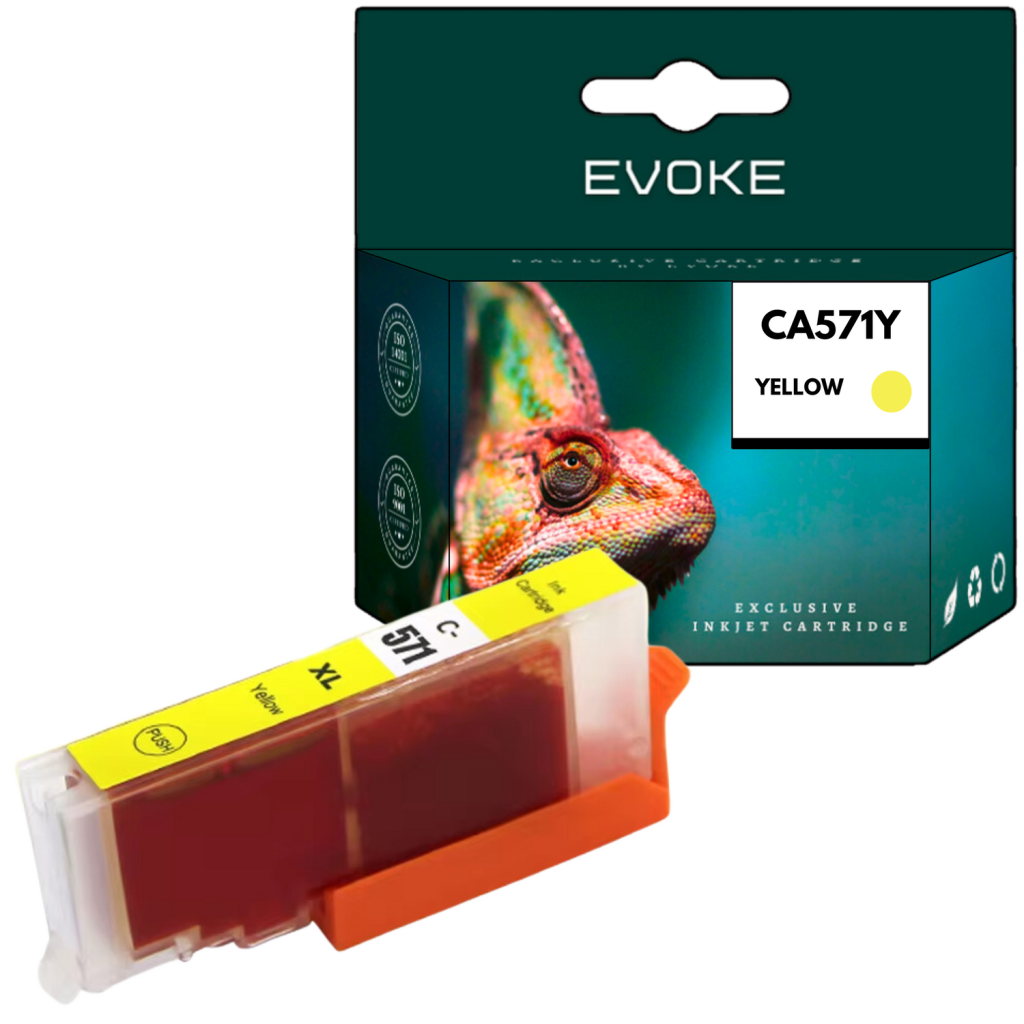 Zdjęcie przedstawia pudełko z wkładem atramentowym Evoke i żółty wkład atramentowy. Na pudełku widnieje kameleon i szczegóły produktu.