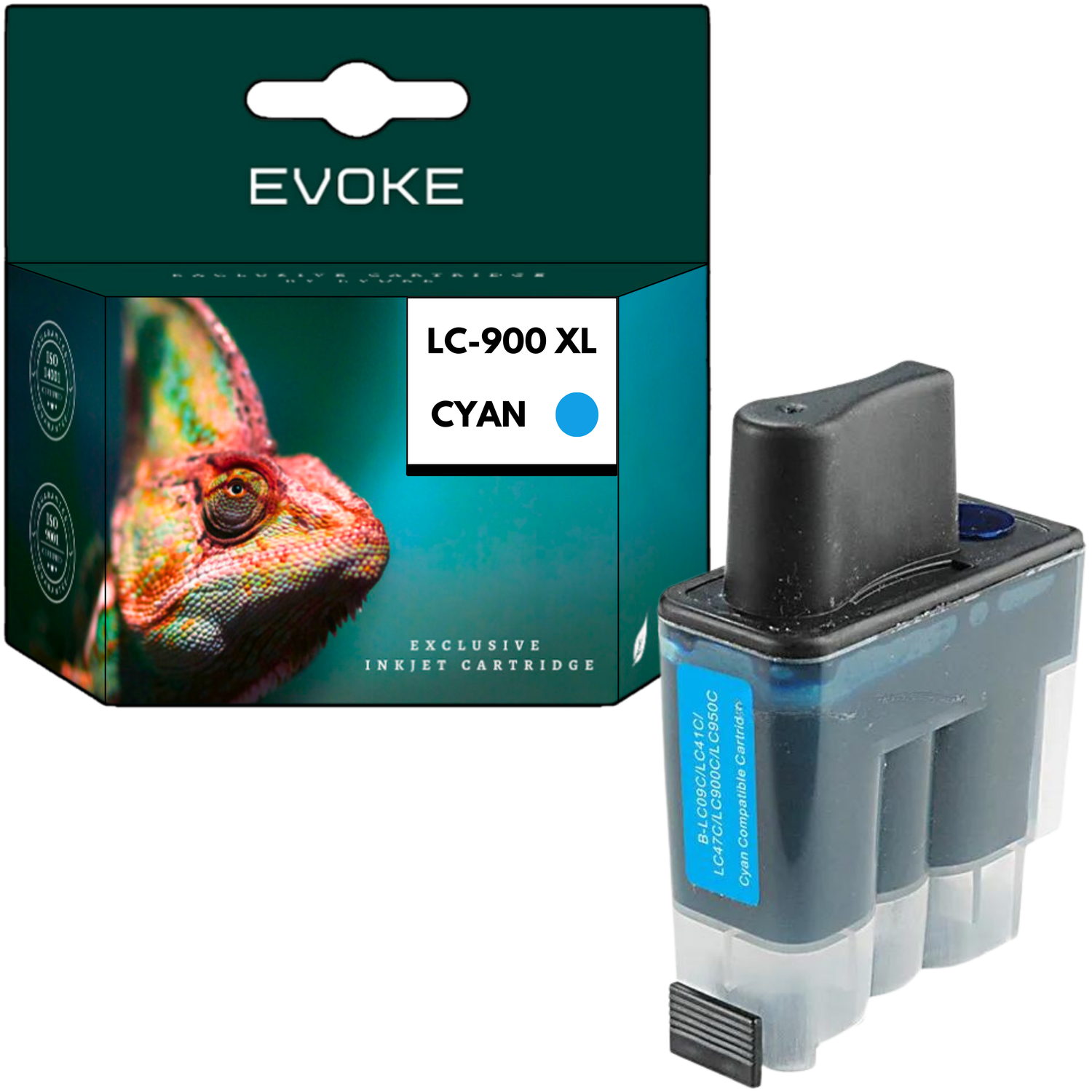 Wkład z tuszem w kolorze cyjan obok pudełka, na którym widać kameleona. Na pudełku napis 'EVOKE' i 'LC-900 XL CYAN'.