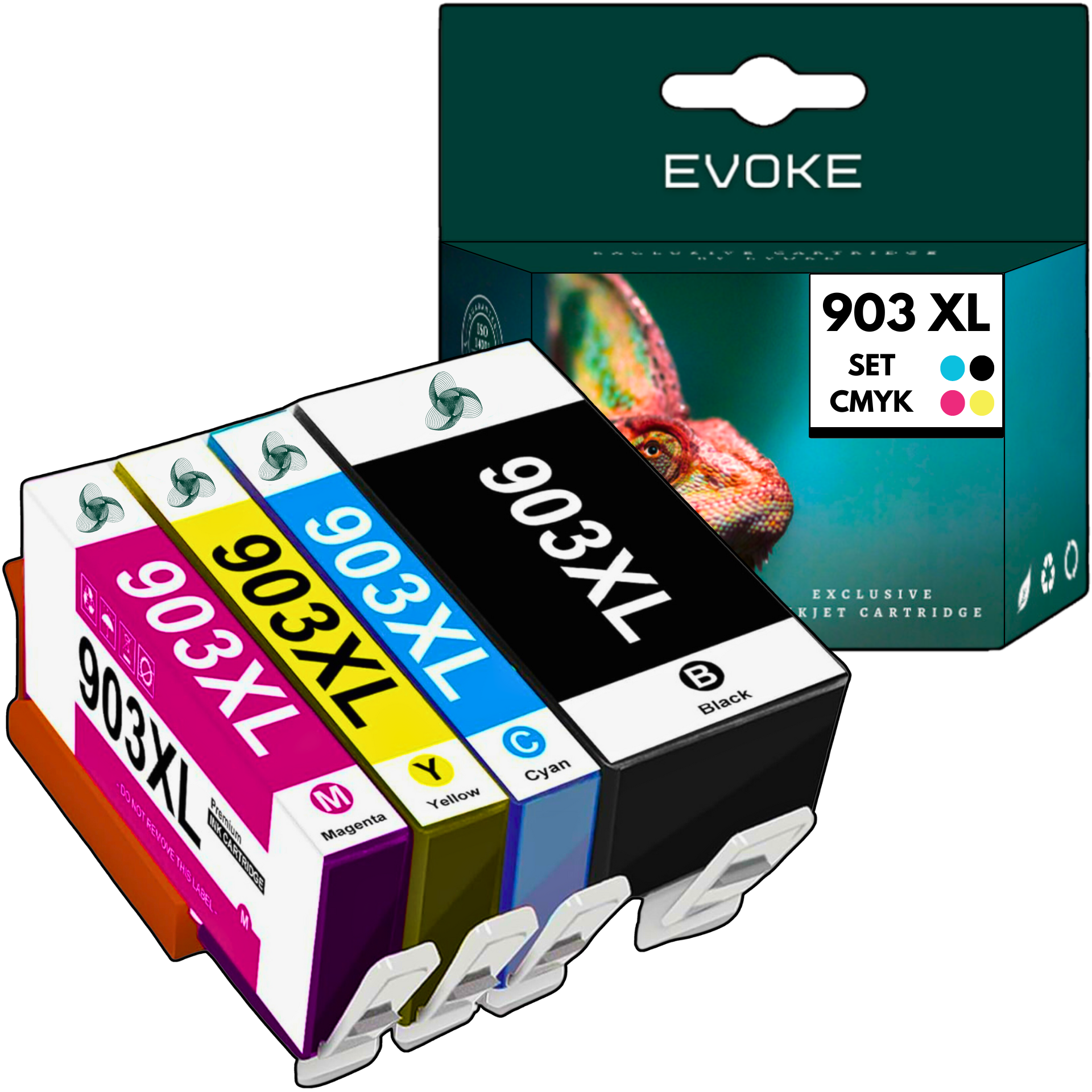 Zestaw wkładów atramentowych CMYK, w tym czarny, cyjan, żółty i magenta. Na pudełku napis 903 XL i EVOKE.