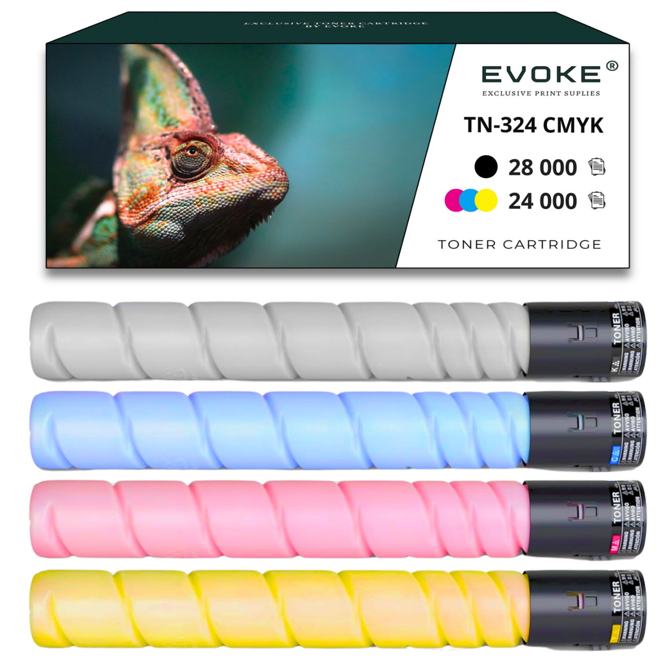 Kameleon na pudełku z wkładami do tonera. Kolory: biały, niebieski, różowy i żółty. Tekst na pudełku: TN-324 CMYK, 28000, 24000.