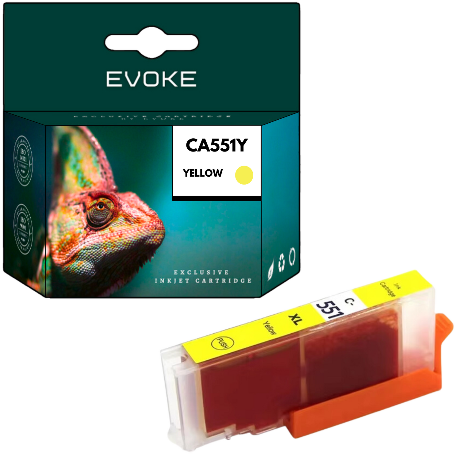 Obraz przedstawia pudełko z wkładem atramentowym ze zdjęciem kameleona i żółty wkład atramentowy. Wkład znajduje się w pomarańczowym uchwycie.