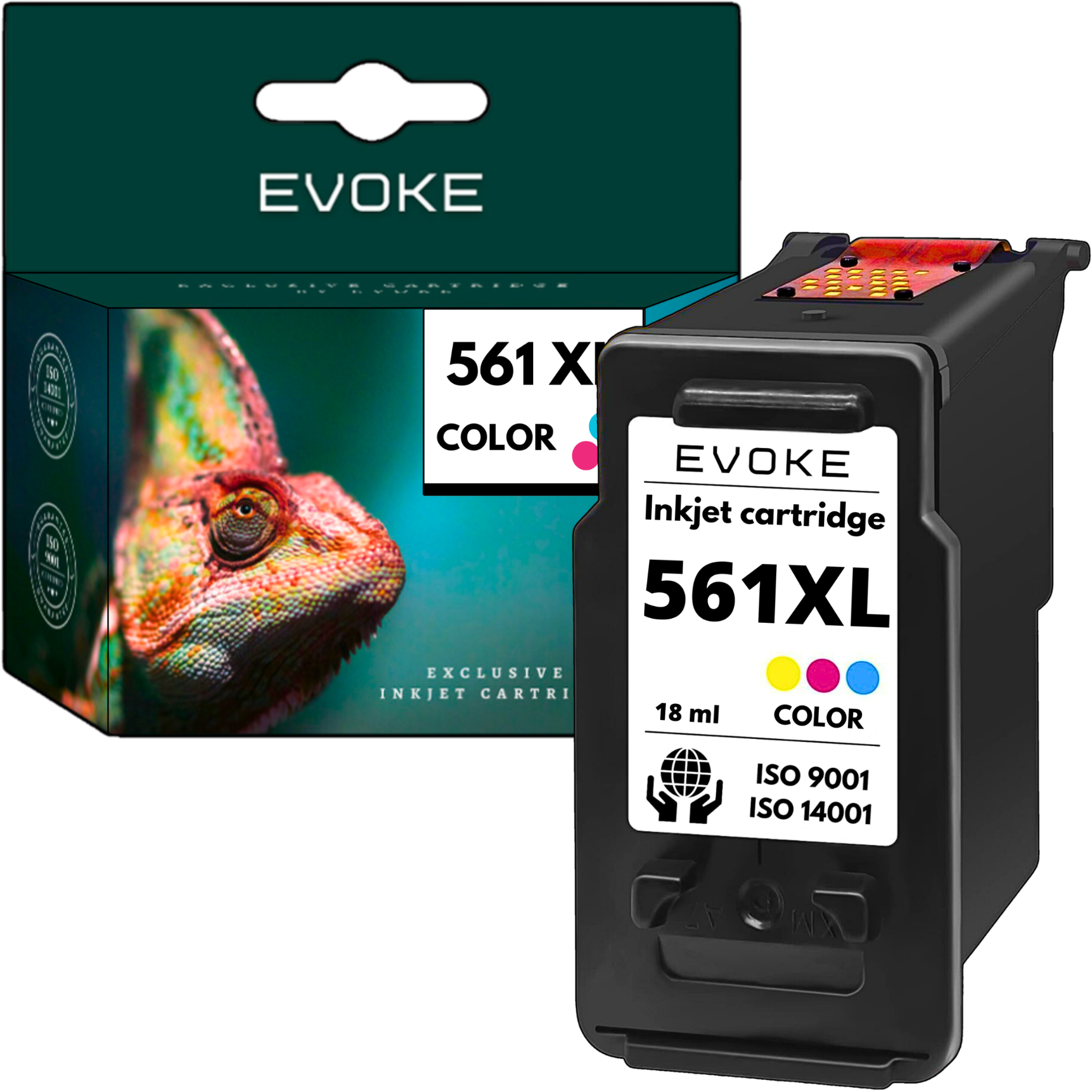 Kolorowy wkład atramentowy Evoke 561XL z kameleonem na pudełku. Wkład jest czarny ze wskaźnikami koloru.