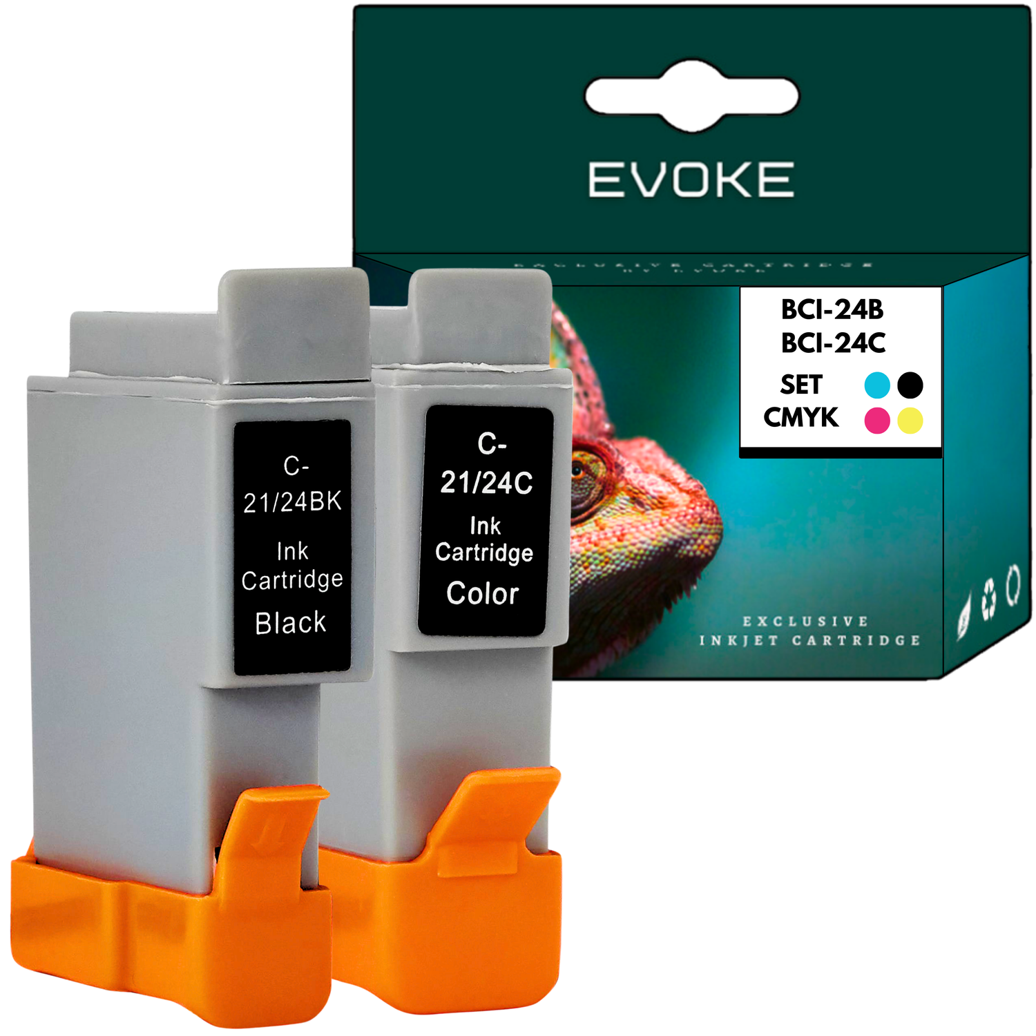 Dwa wkłady atramentowe, czarny i kolorowy, z pudełkiem Evoke. Pudełko ma kolory CMYK i wizerunek kameleona.