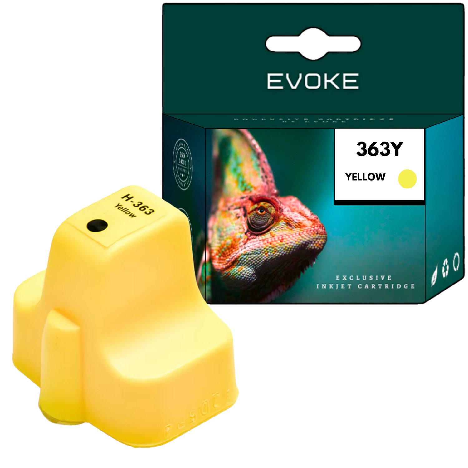 Żółty wkład atramentowy obok zielonego pudełka. Pudełko z wizerunkiem kameleona i napisem '363Y YELLOW'.