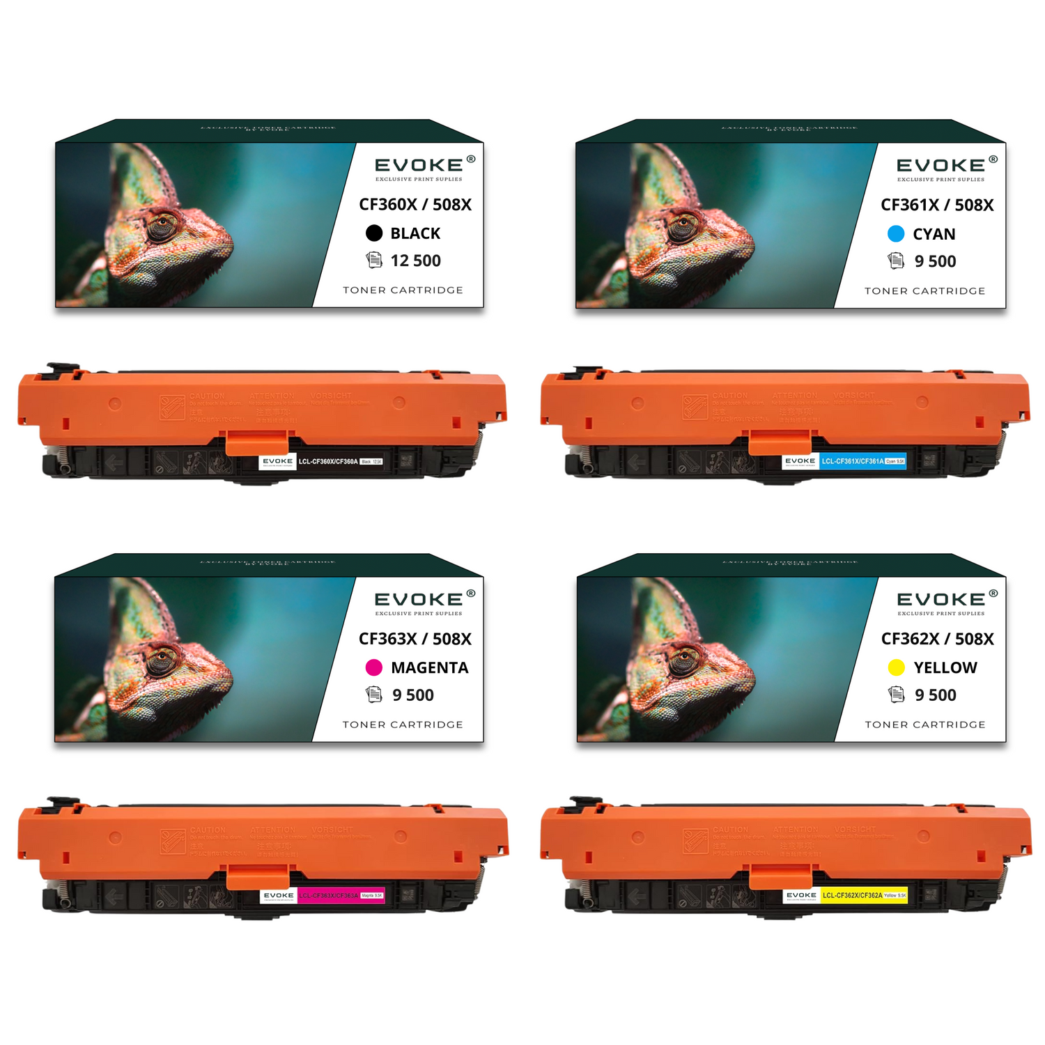 Cztery wkłady z tonerem. Każdy ma obraz kameleona i oznaczenia kolorystyczne: czarny, cyjan, magenta i żółty.