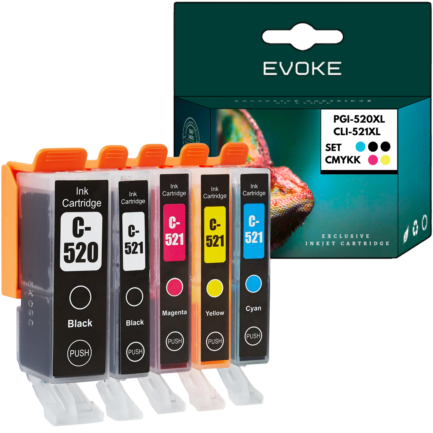 Kartridże z tuszem: czarny, czarny, magenta, żółty, cyjan. Pudełko z napisem 'EVOKE' w tle.