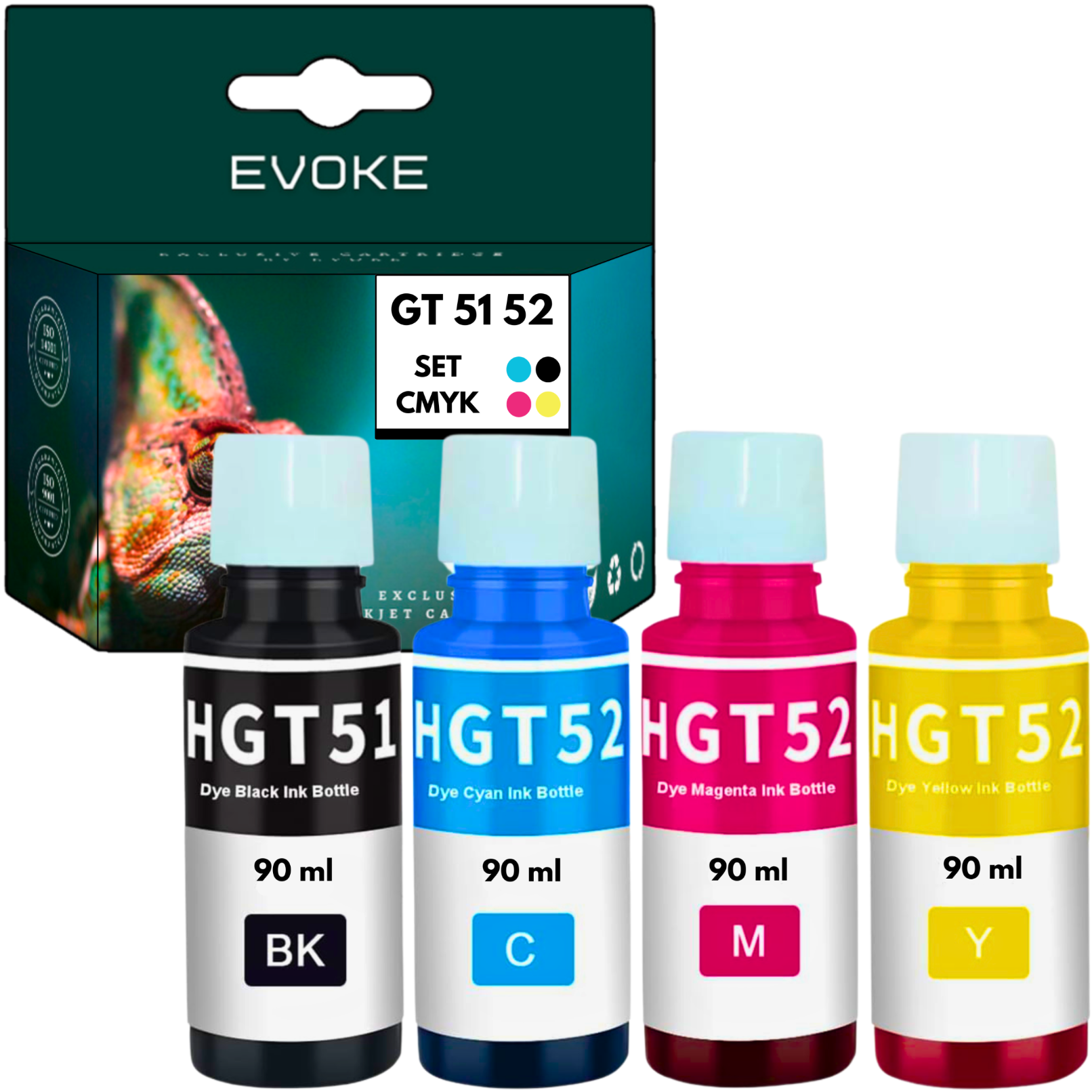 Zestaw butelek z tuszem: czarny, cyjanowy, magenta i żółty. Na pudełku napisano EVOKE, CMYK i GT 51 52.