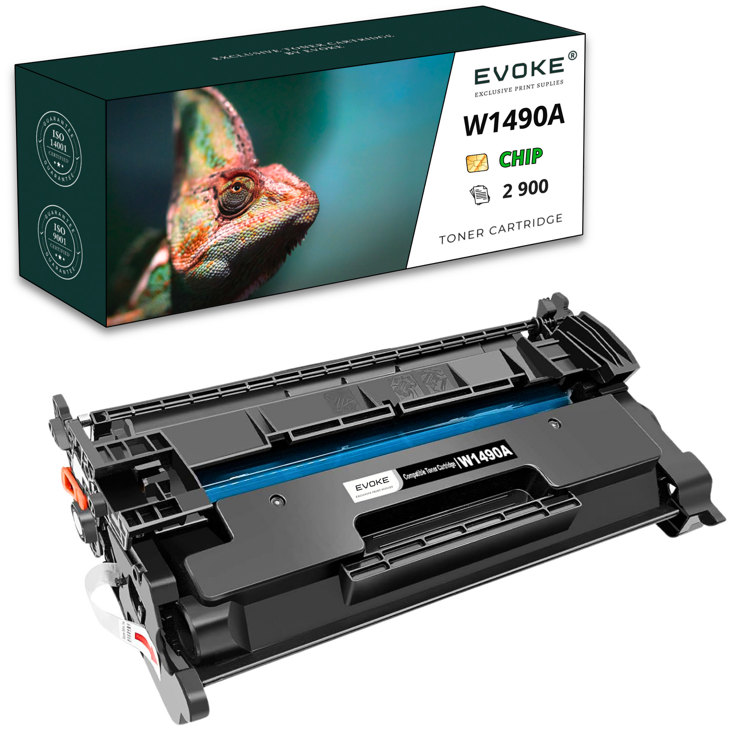 Toner z pudełkiem z kameleonem. Na pudełku napis 'W1490A' i 'TONER CARTRIDGE'. Kaseta jest czarna.