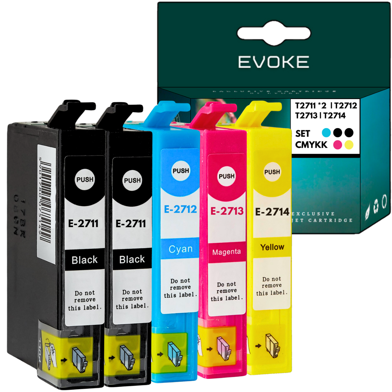 Kartridże z tuszem w kolorze czarnym, cyjan, magenta i żółtym. Pudełko pokazuje markę EVOKE i model.