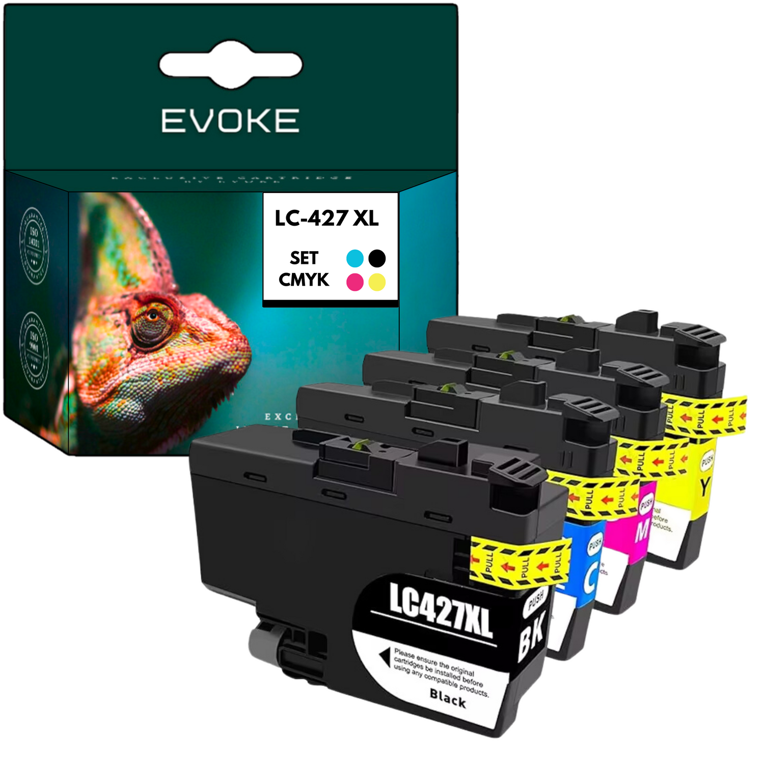 Zestaw wkładów atramentowych. Czarne wkłady z przodu, kolory CMYK z tyłu. Pudełko przedstawia wizerunek kameleona i szczegóły produktu.