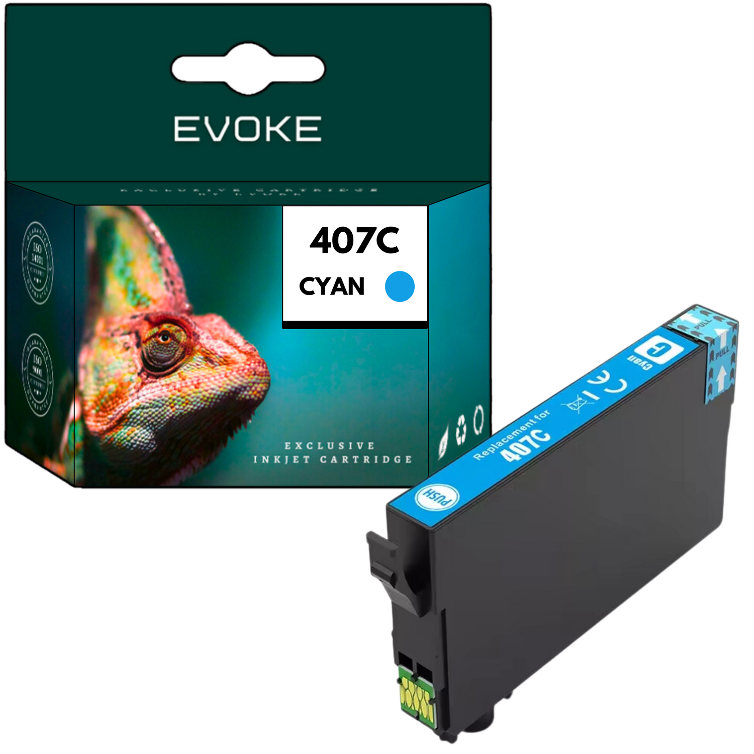 Pudełko z wkładem atramentowym Evoke ze zdjęciem kameleona i oddzielny wkład atramentowy z napisem 407C Cyan.