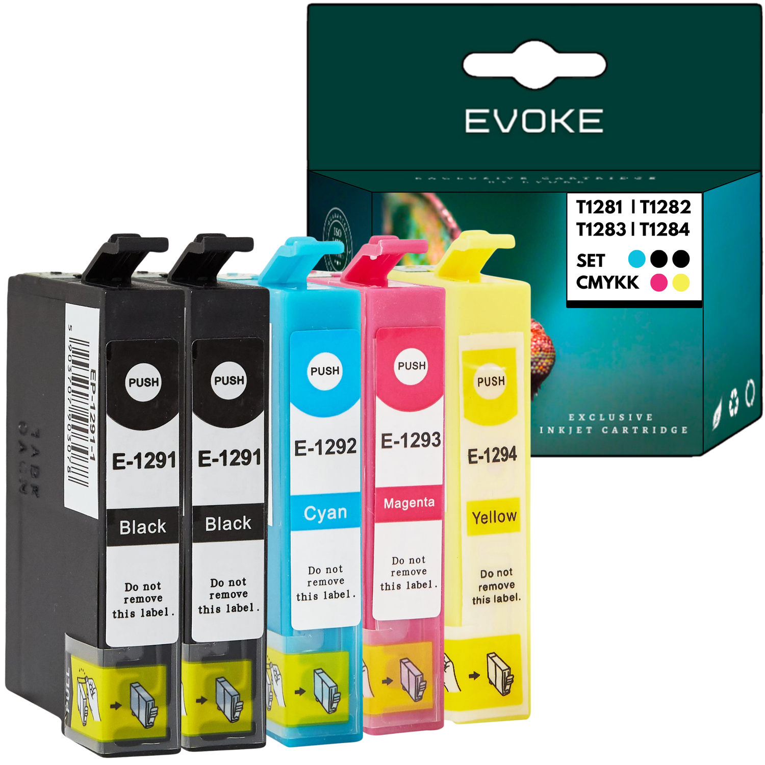 Wkłady atramentowe: czarny, cyjan, magenta i żółty. Opakowanie pokazuje markę Evoke i zestaw kolorów CMYKK.