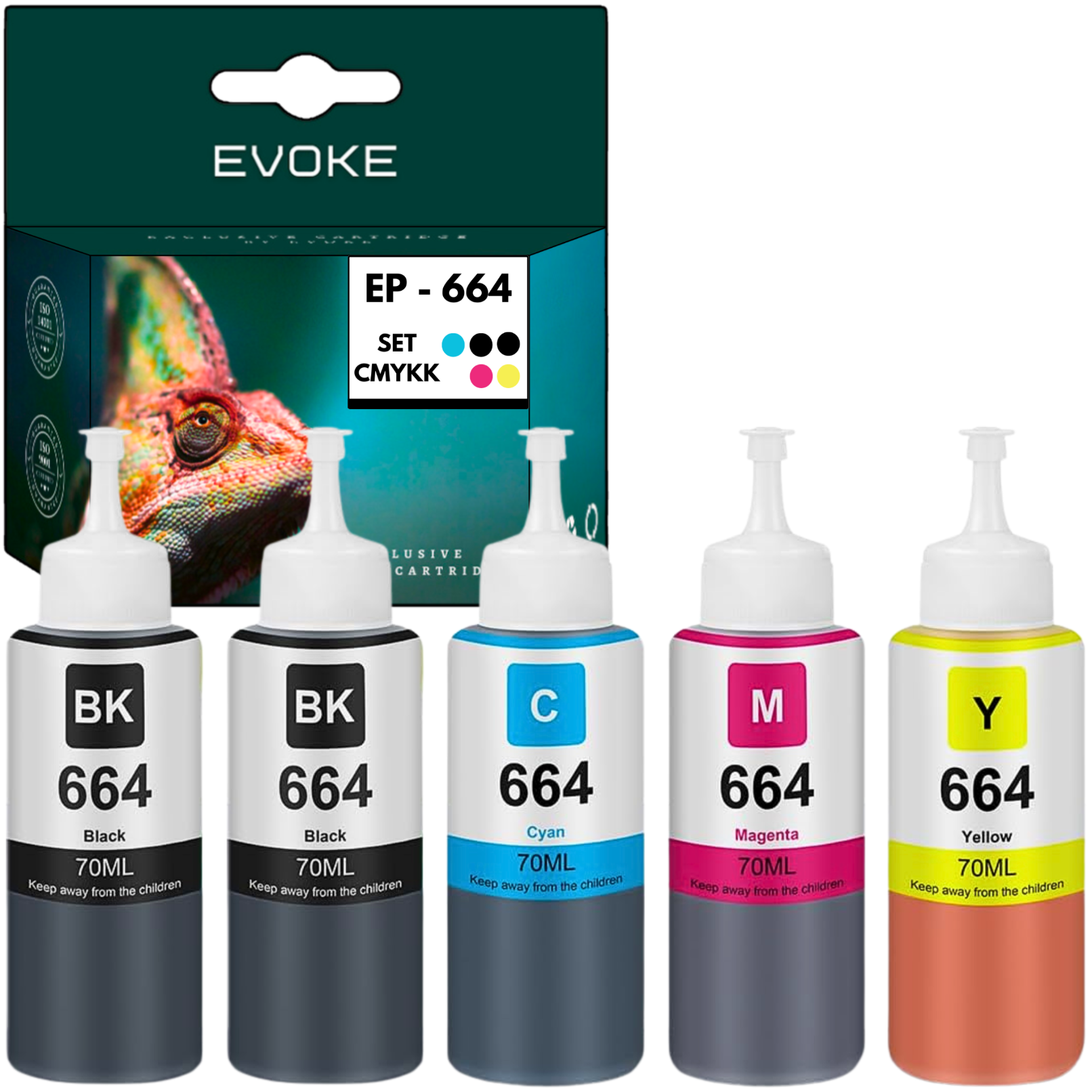 Wkłady atramentowe do drukarki. Czarny, cyjan, magenta i żółty. Etykiety pokazują rodzaj i objętość atramentu. Pudełko z kameleonem.