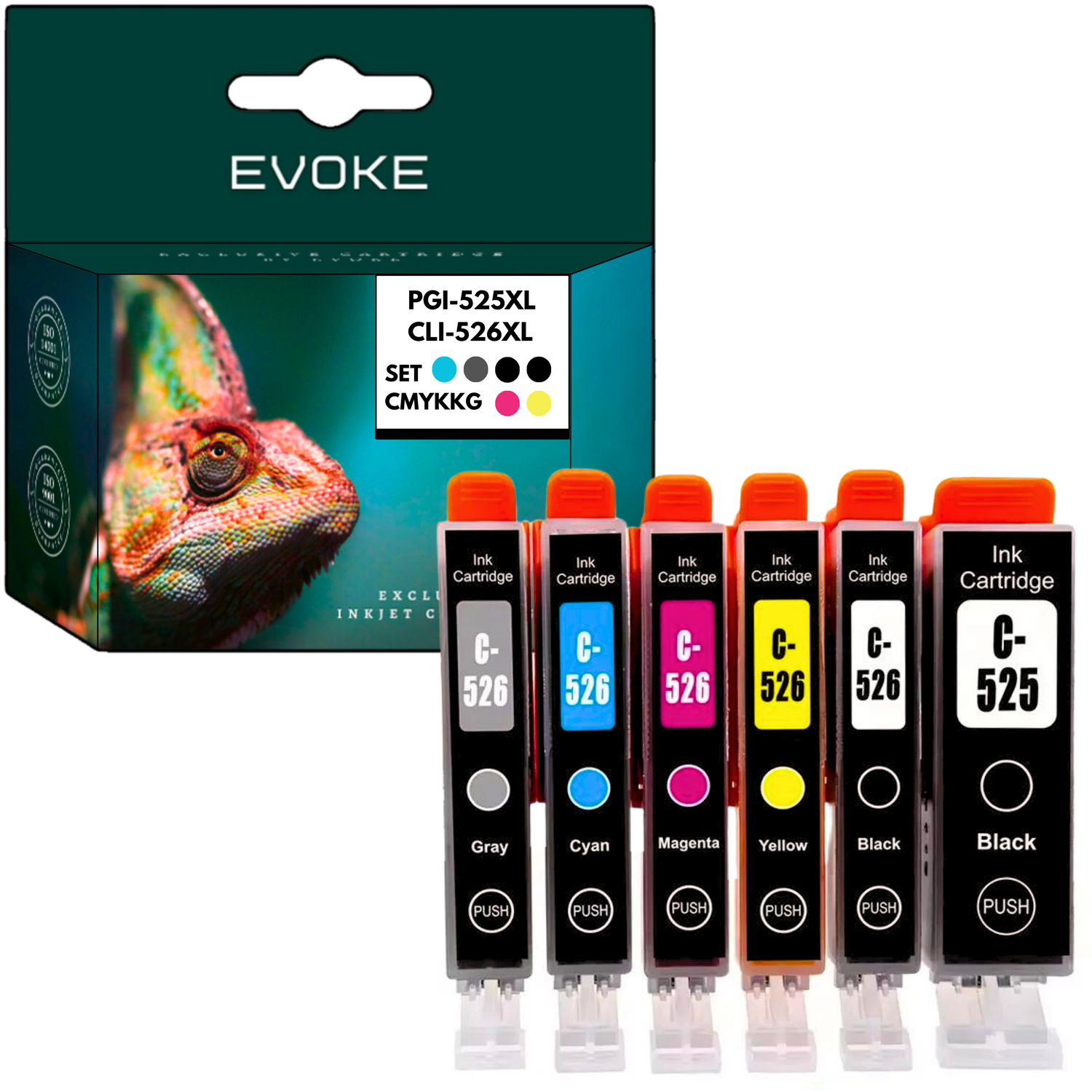 Zestaw wkładów atramentowych. Pudełko ze zdjęciem kameleona. Wkłady: szary, cyjan, magenta, żółty, czarny. Etykiety: C-526 i C-525.