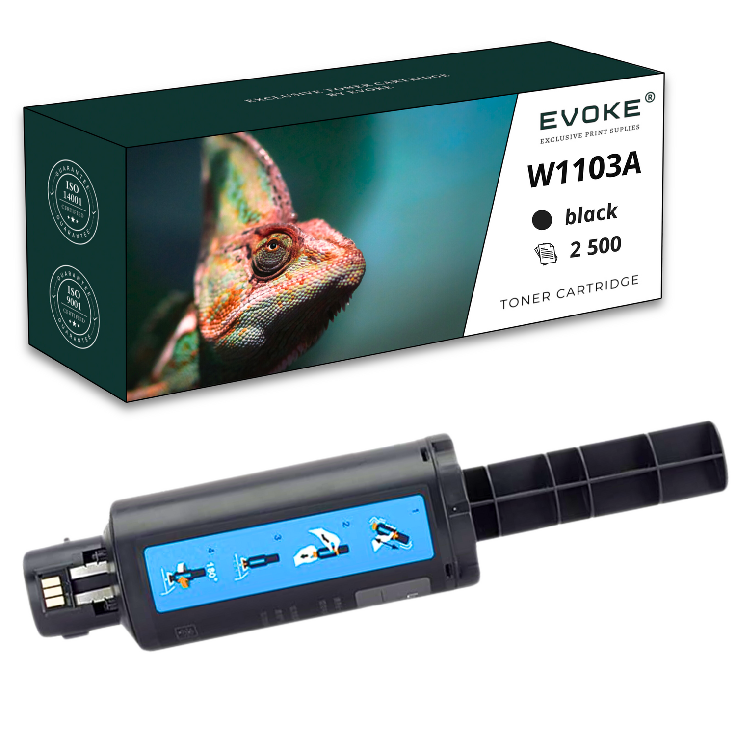 Obraz przedstawia toner i jego pudełko. Pudełko ma wizerunek kameleona. Wkład jest czarny z instrukcjami.